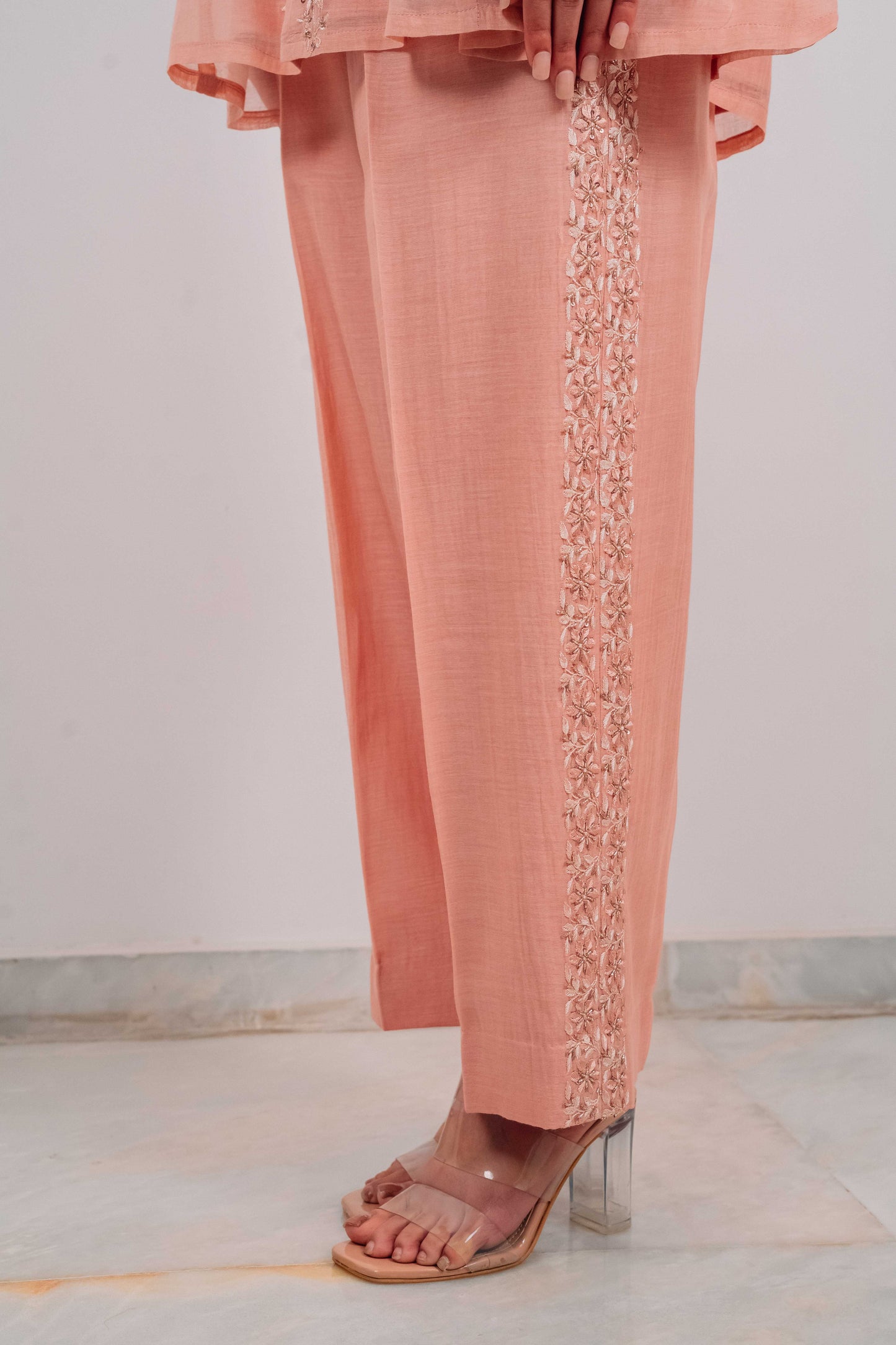 Peach Mul Chanderi Gather Detail Co-Ord Set