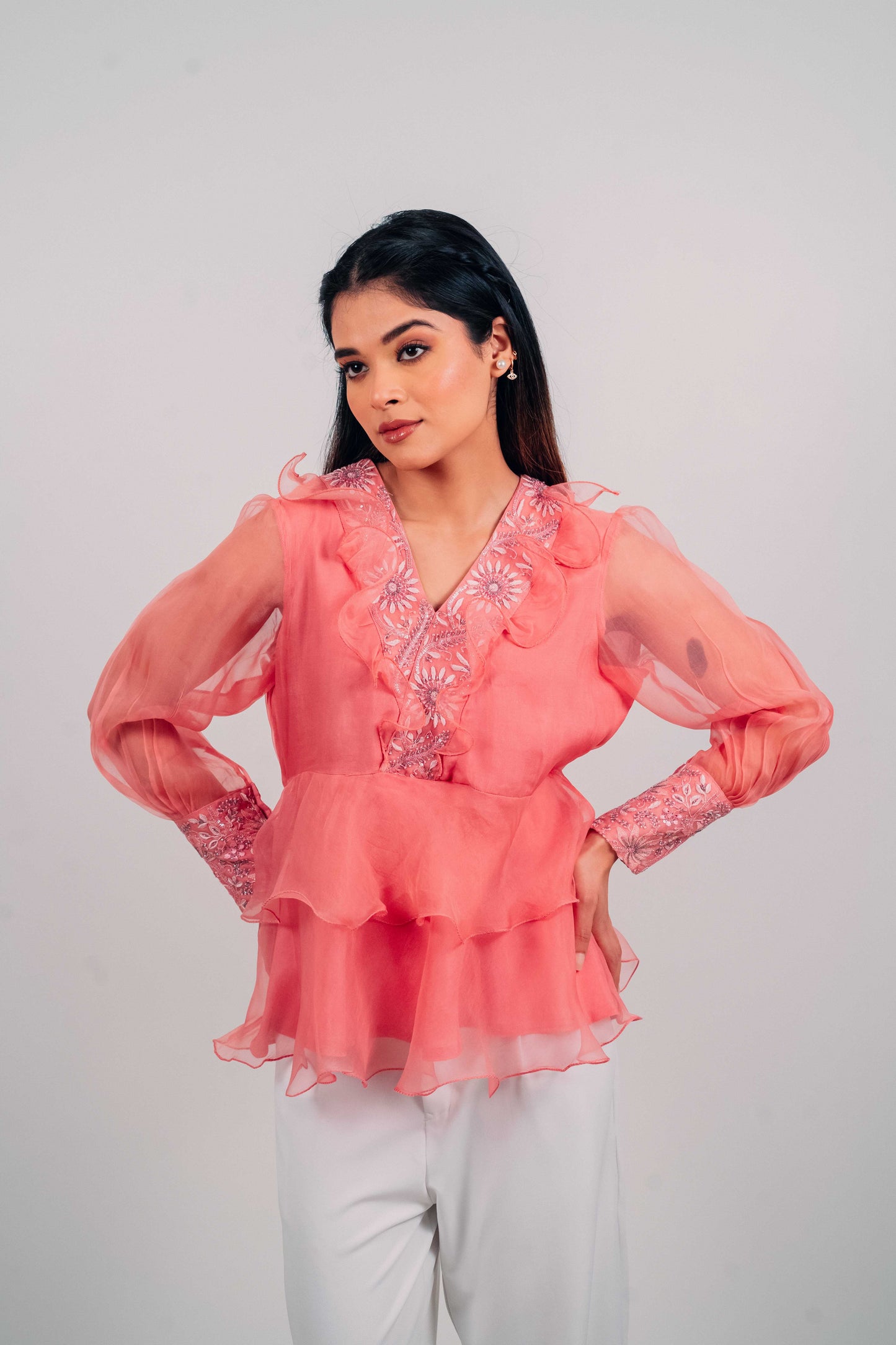 Onion Pink Organza Chikankari Peplum Top