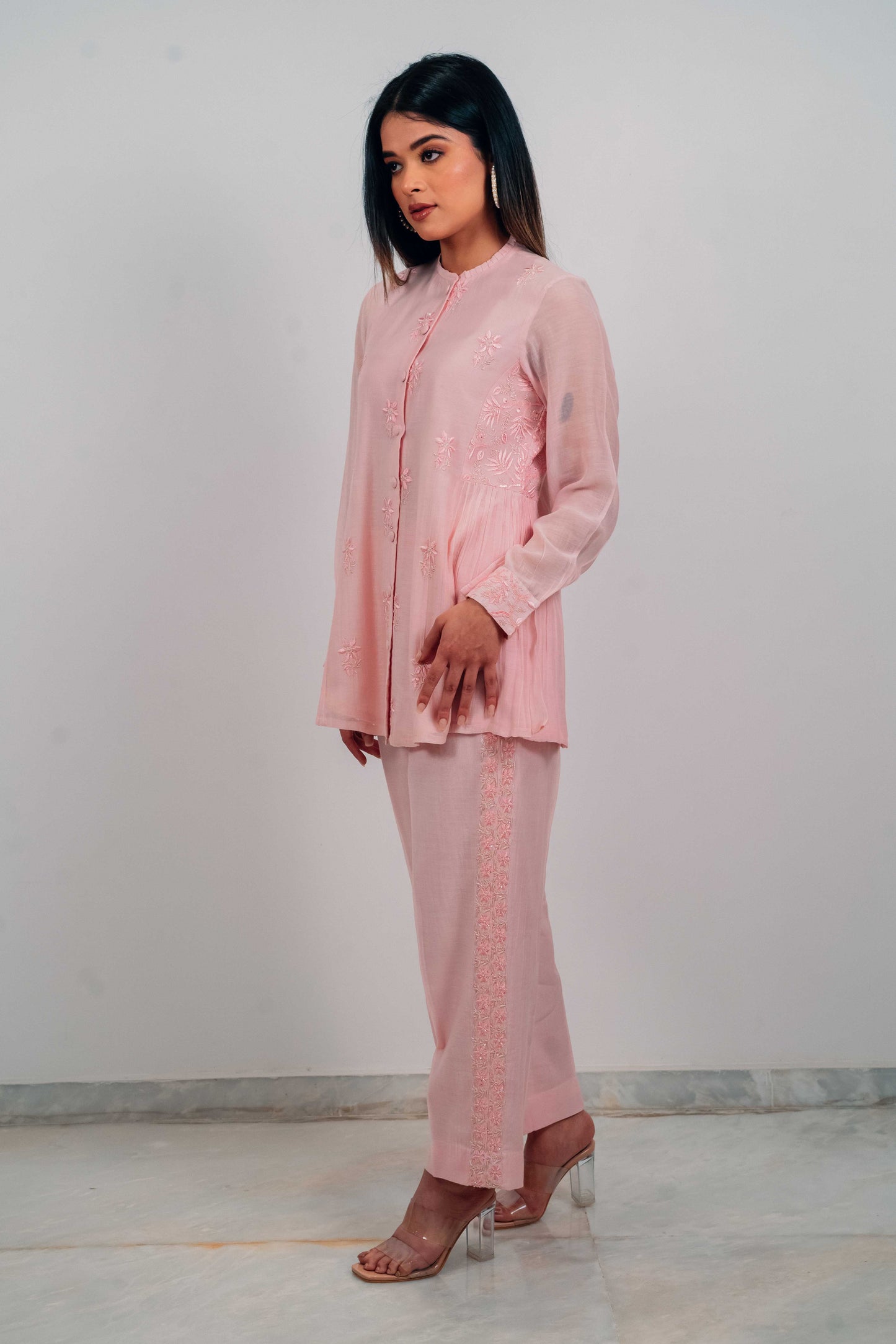 Baby Pink Mul Chanderi Gather Detail Co-Ord Set