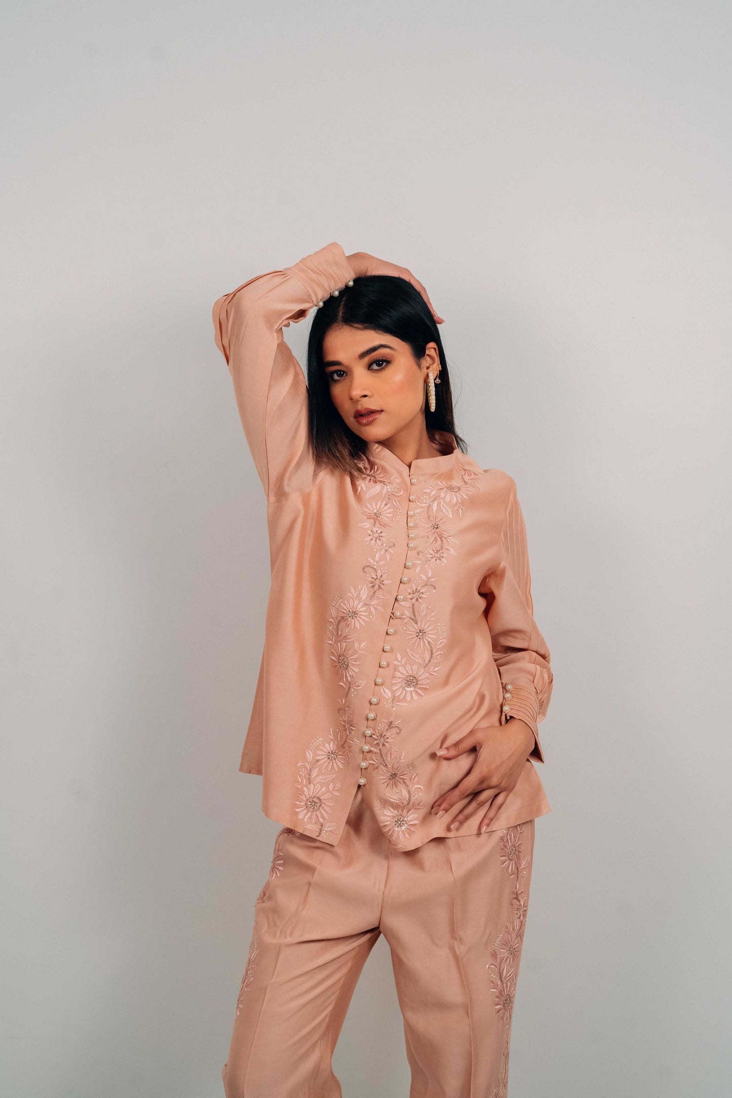 Peach Chanderi Silk Pearl Button Co-Ord Set