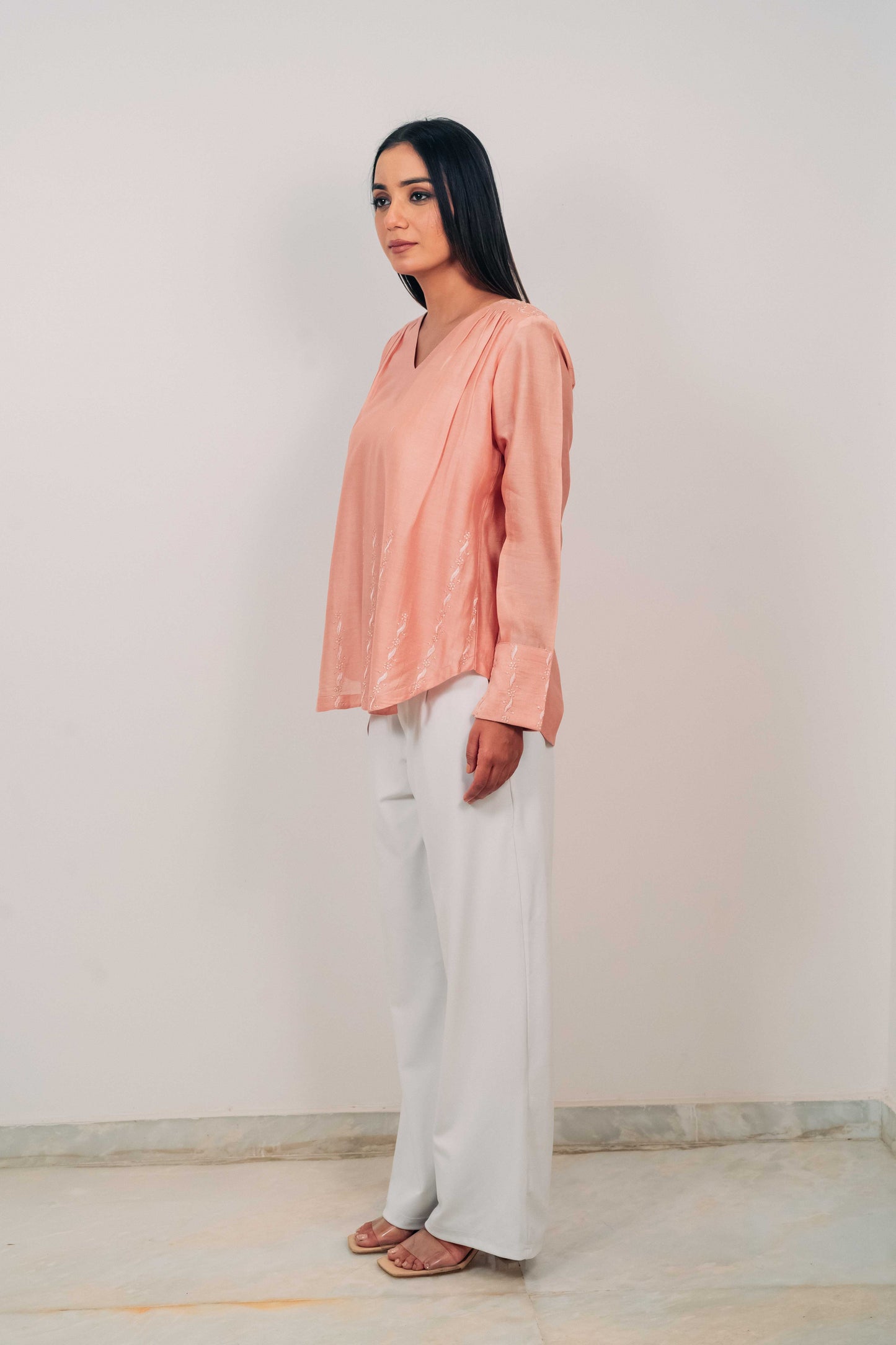 Peach Chanderi Silk U-Shaped Hem Top