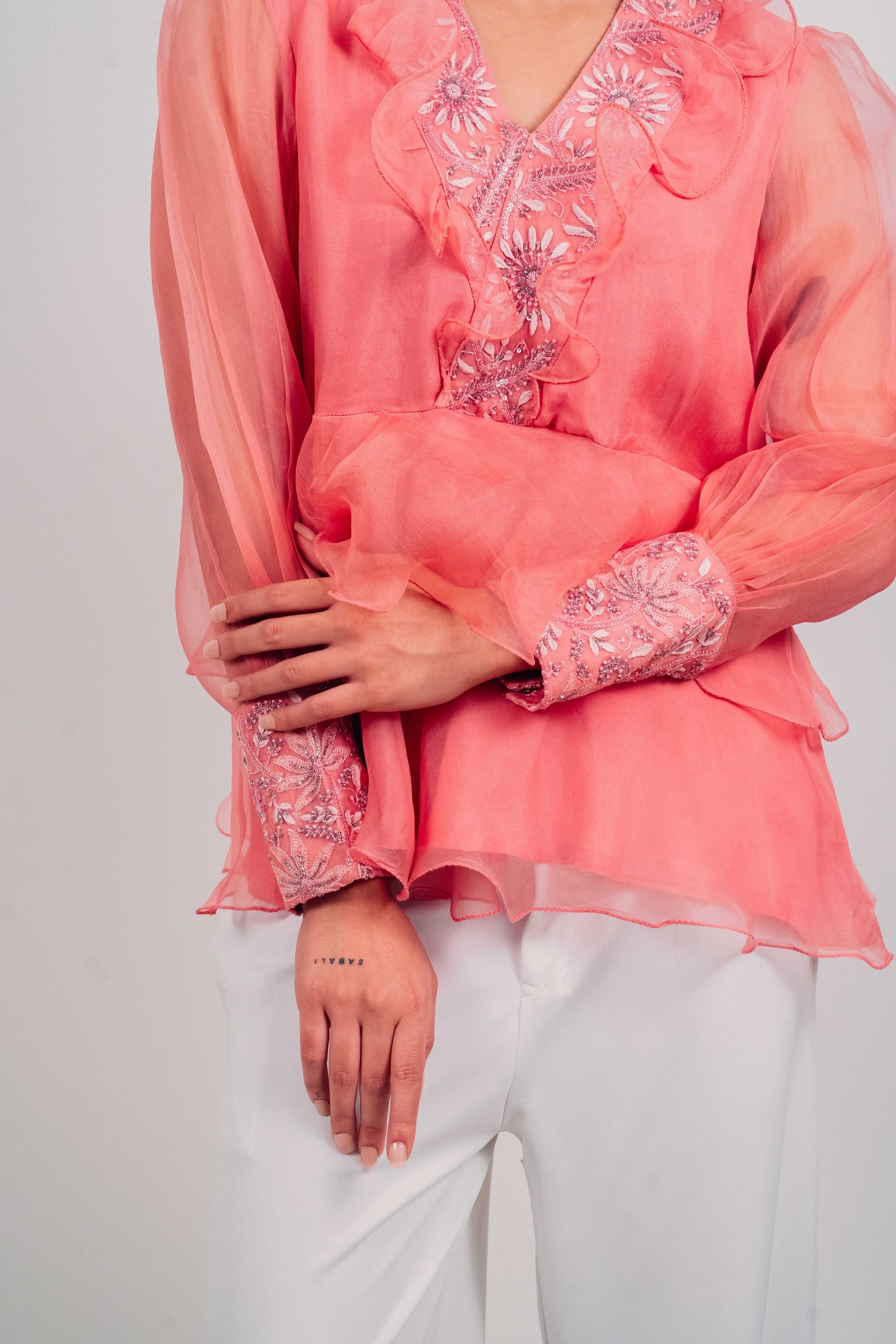 Onion Pink Organza Chikankari Peplum Top