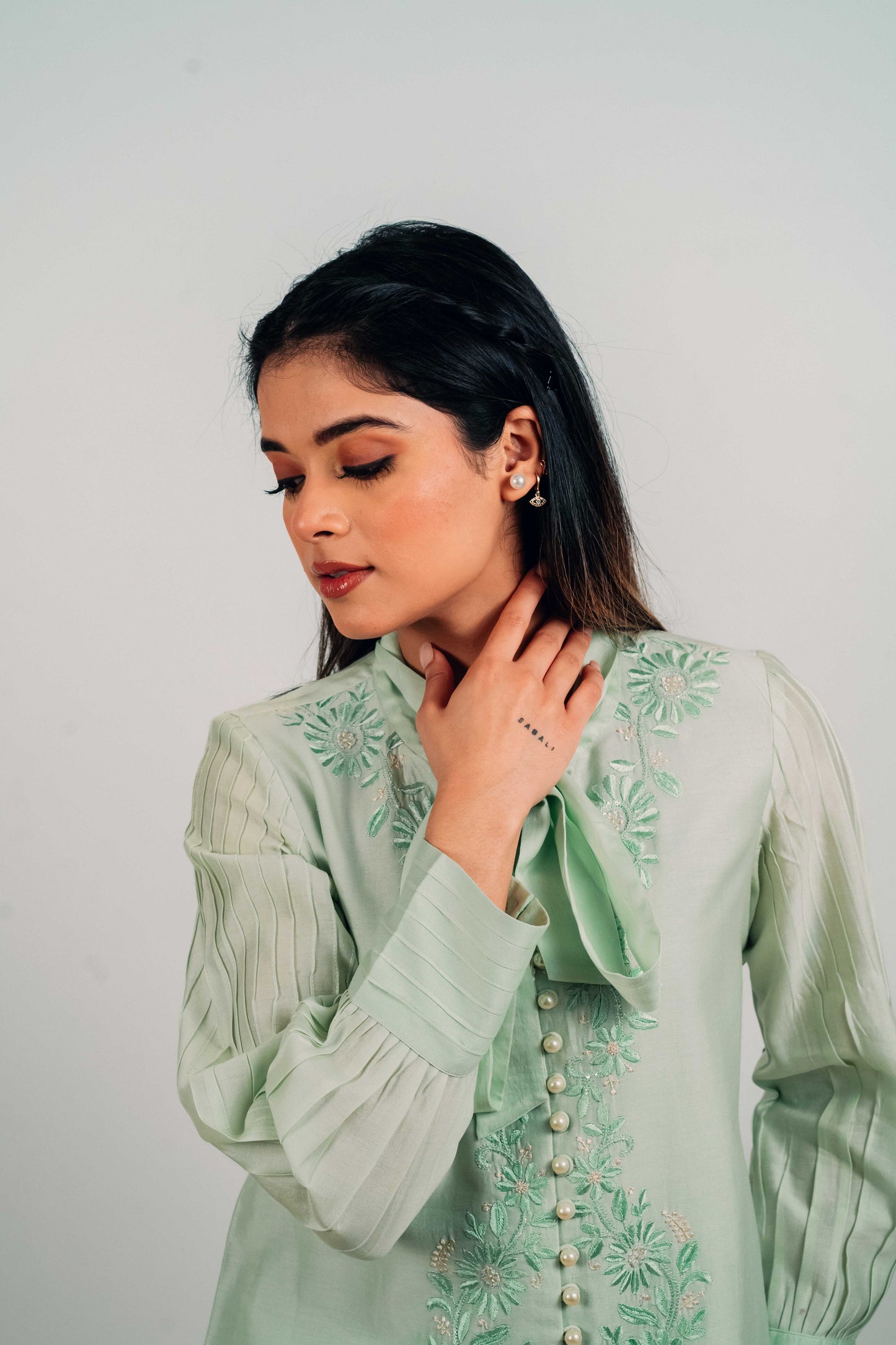 Pistachio Green Chanderi Silk Pearl Button Shirt