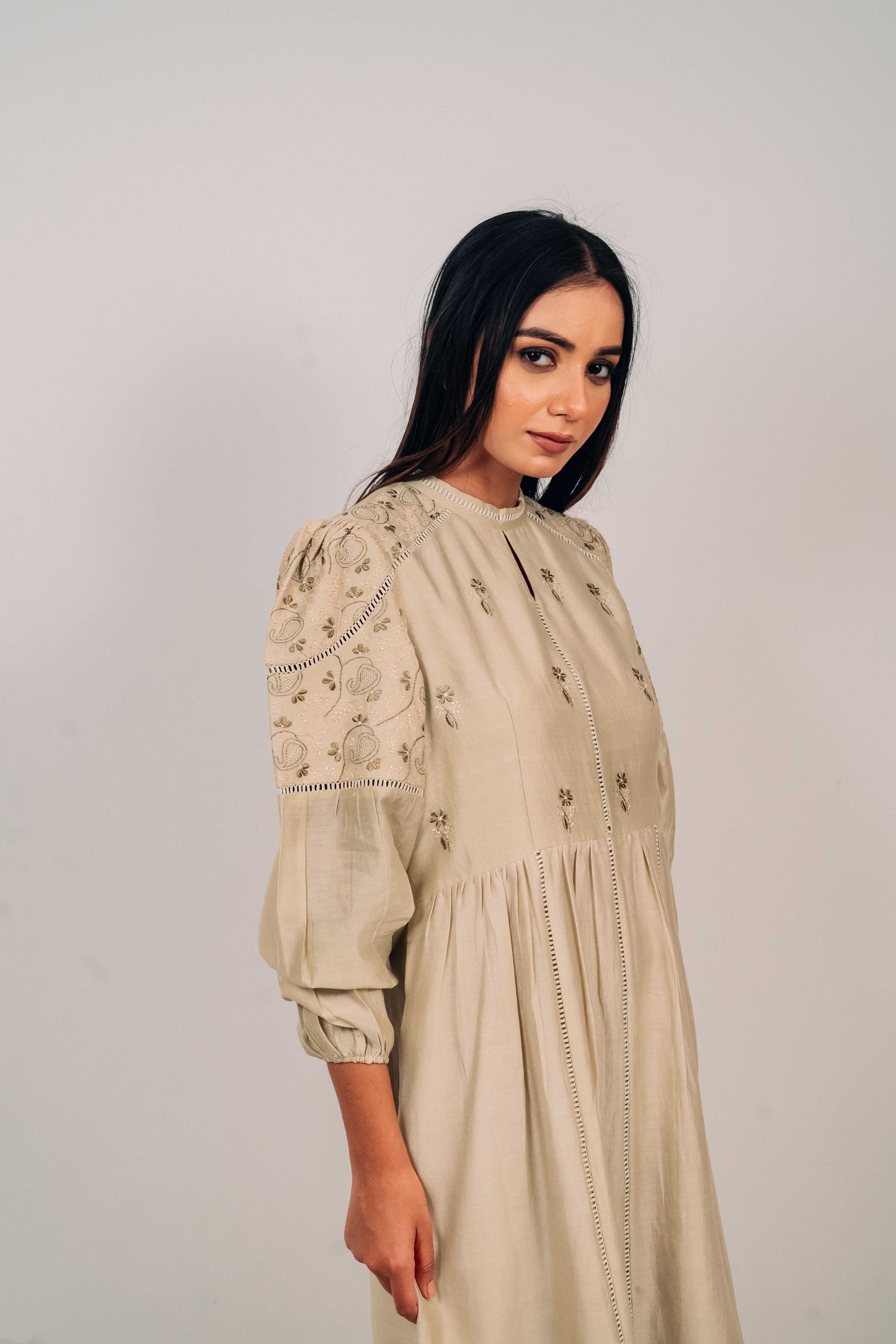 Light Olive Chanderi Jaali Dress