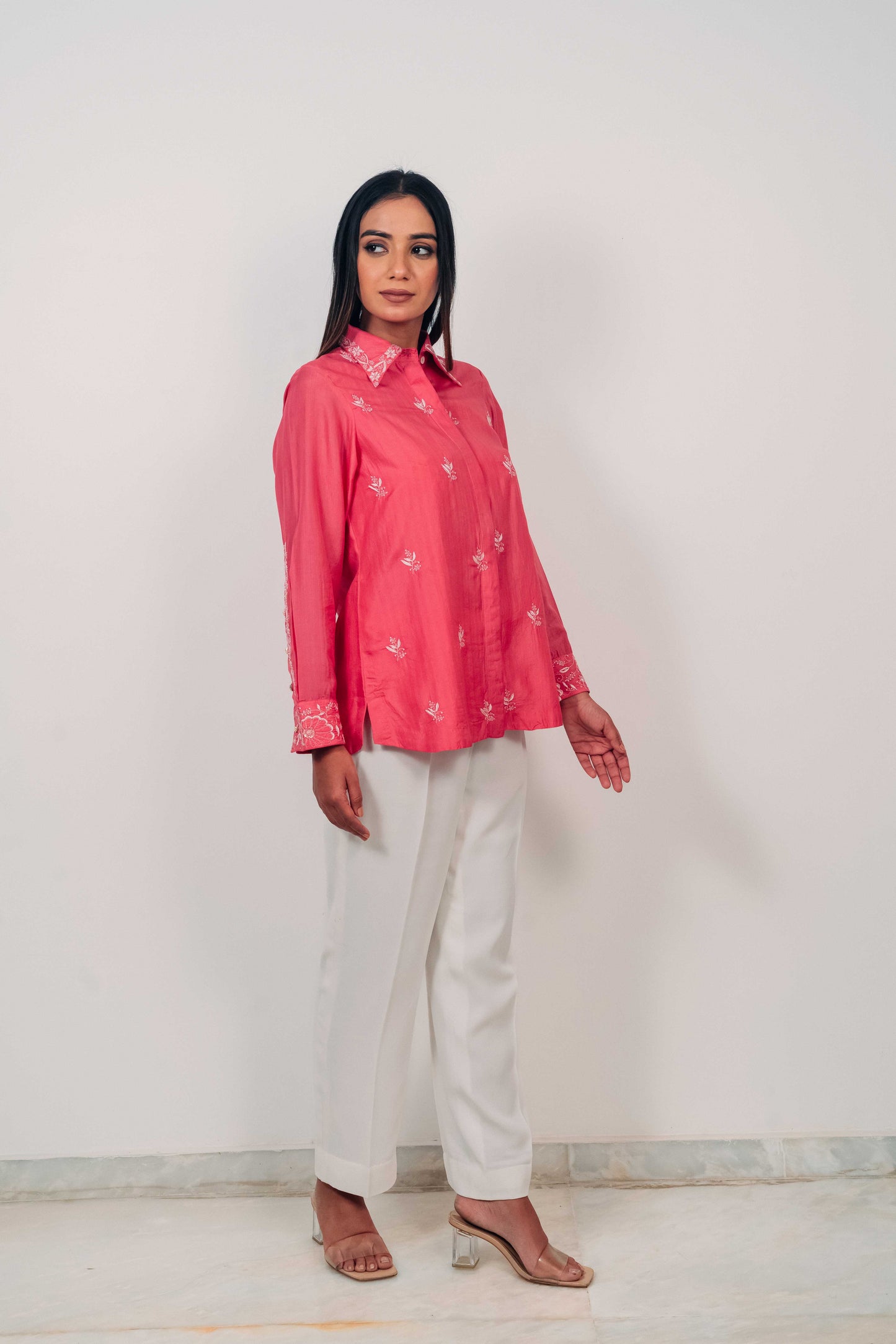 Fuchsia Pink Pure Silk Highlighted Chikankari Shirt