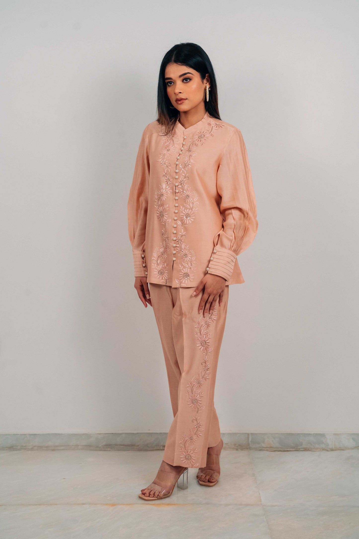 Peach Chanderi Silk Pearl Button Co-Ord Set