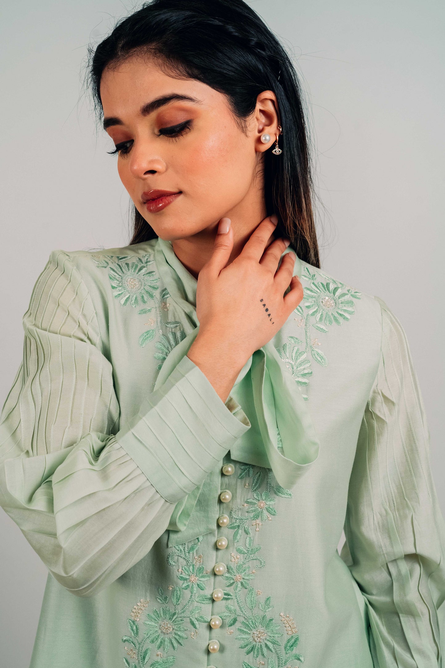 Pistachio Green Chanderi Silk Pearl Button Shirt