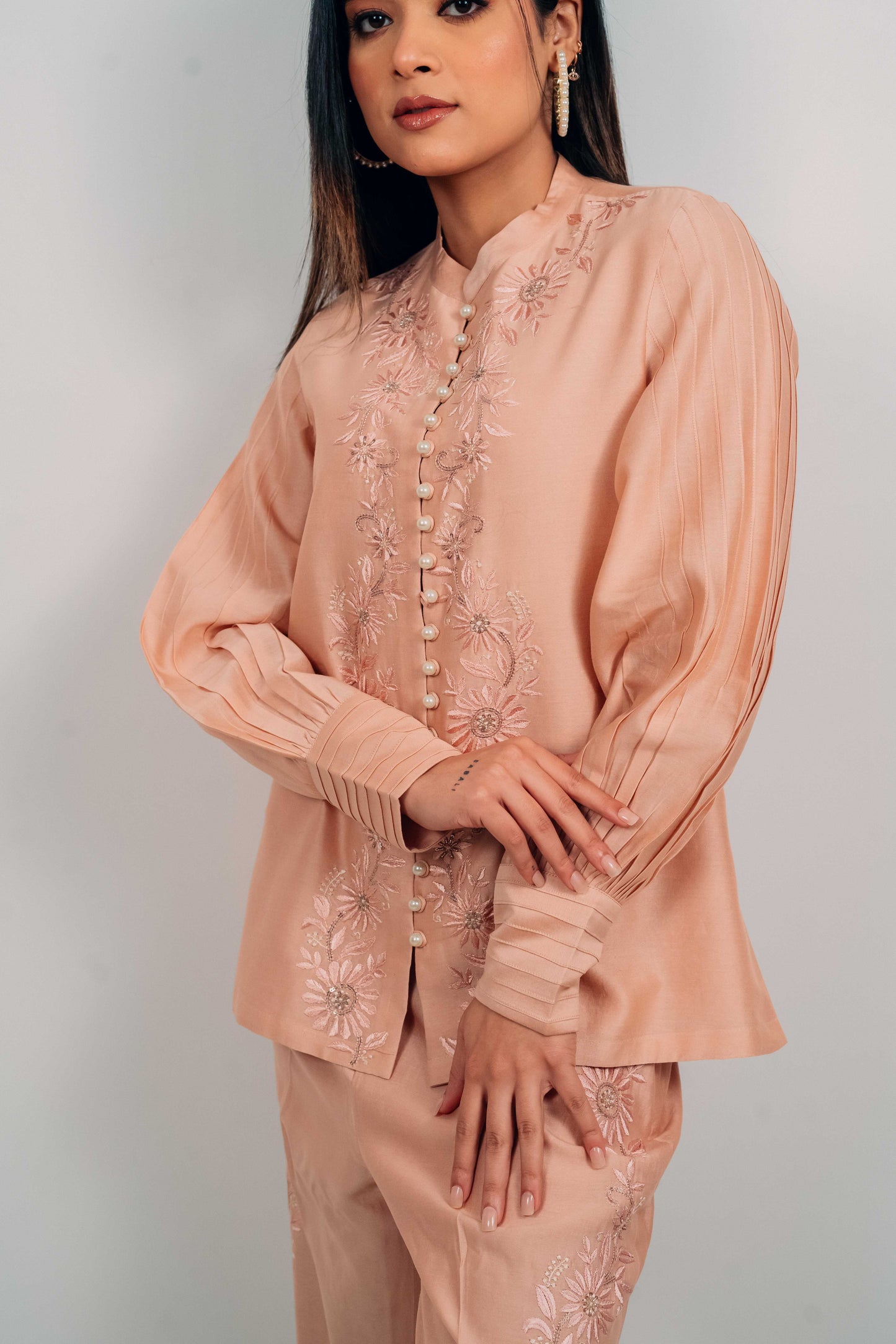 Peach Chanderi Silk Pearl Button Shirt