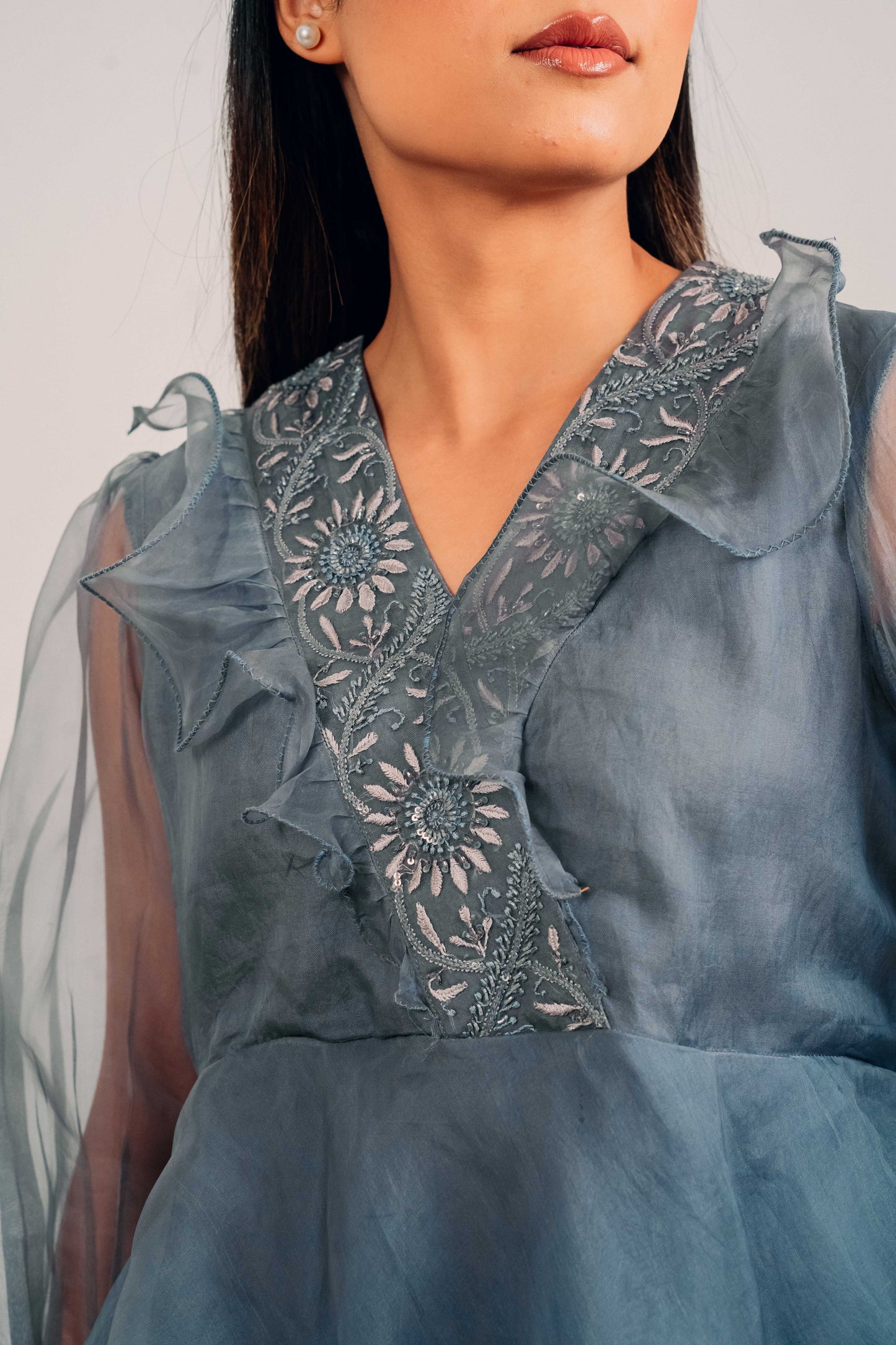 Slate Grey Organza Chikankari Peplum Top