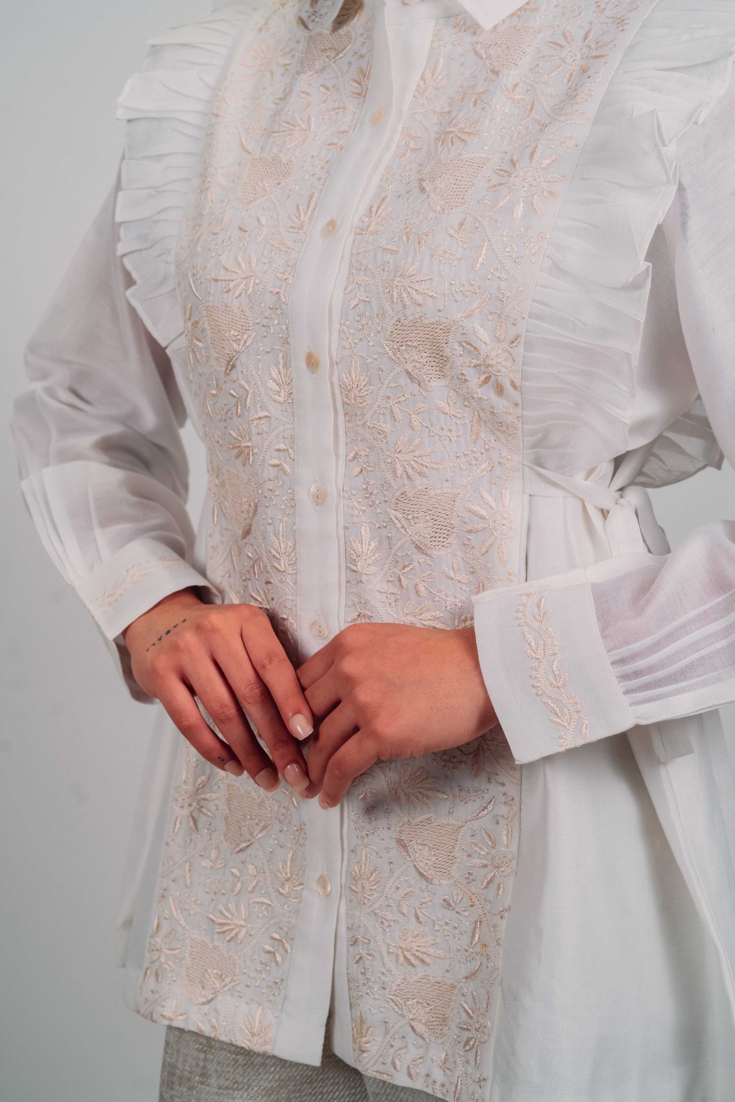 White Chanderi Silk Tie-Up Shirt