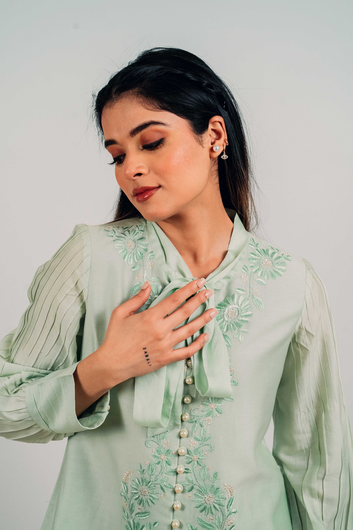 Pistachio Green Chanderi Silk Pearl Button Shirt