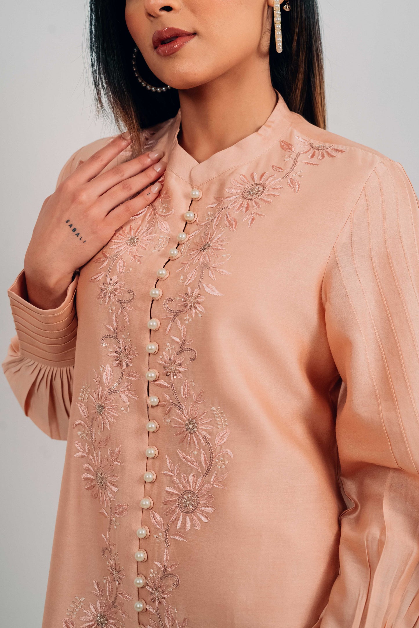 Peach Chanderi Silk Pearl Button Shirt