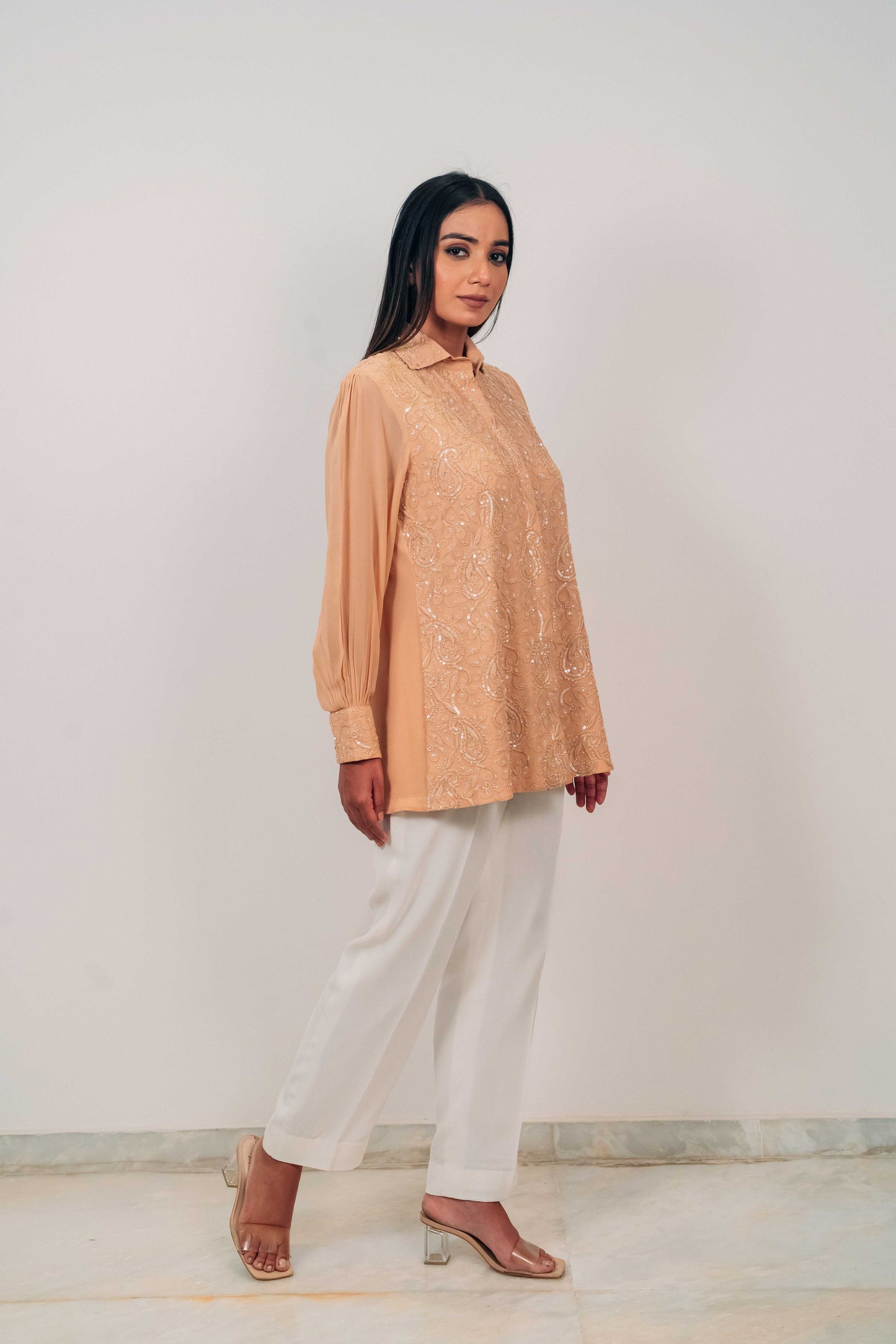 Light Brown Pure Georgette Highlighted Chikankari Shirt