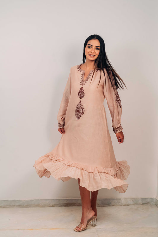 Mute Peach Mul Chanderi Double Frill Long Dress