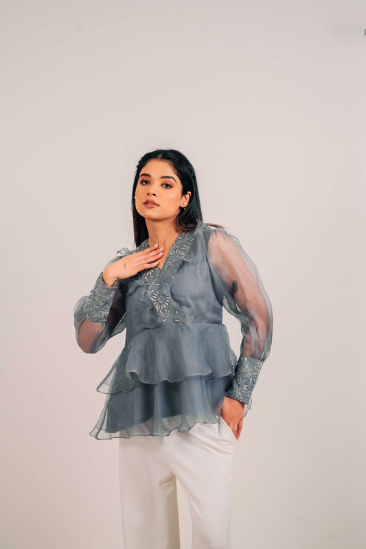 Slate Grey Organza Chikankari Peplum Top