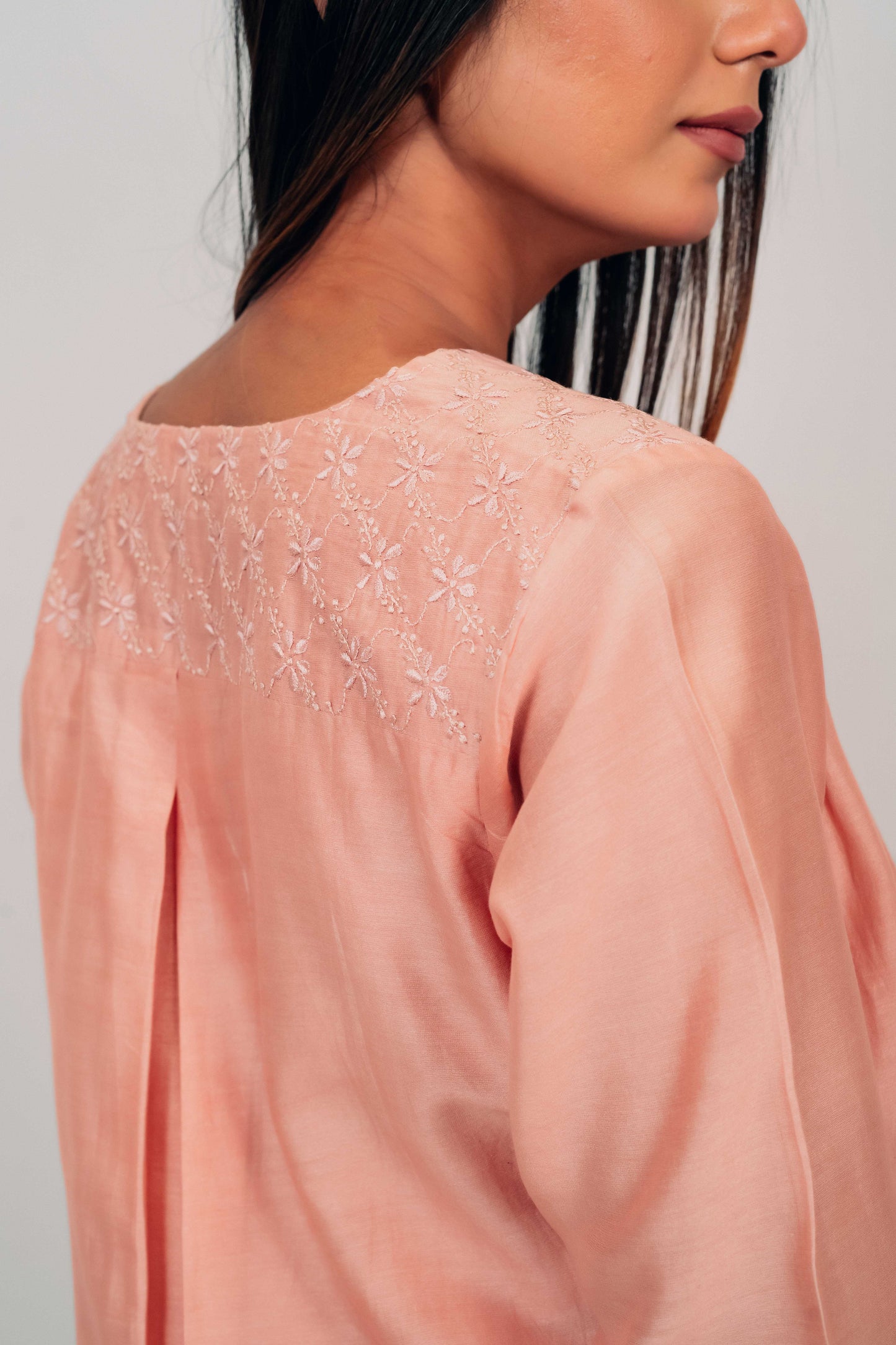 Peach Chanderi Silk U-Shaped Hem Top