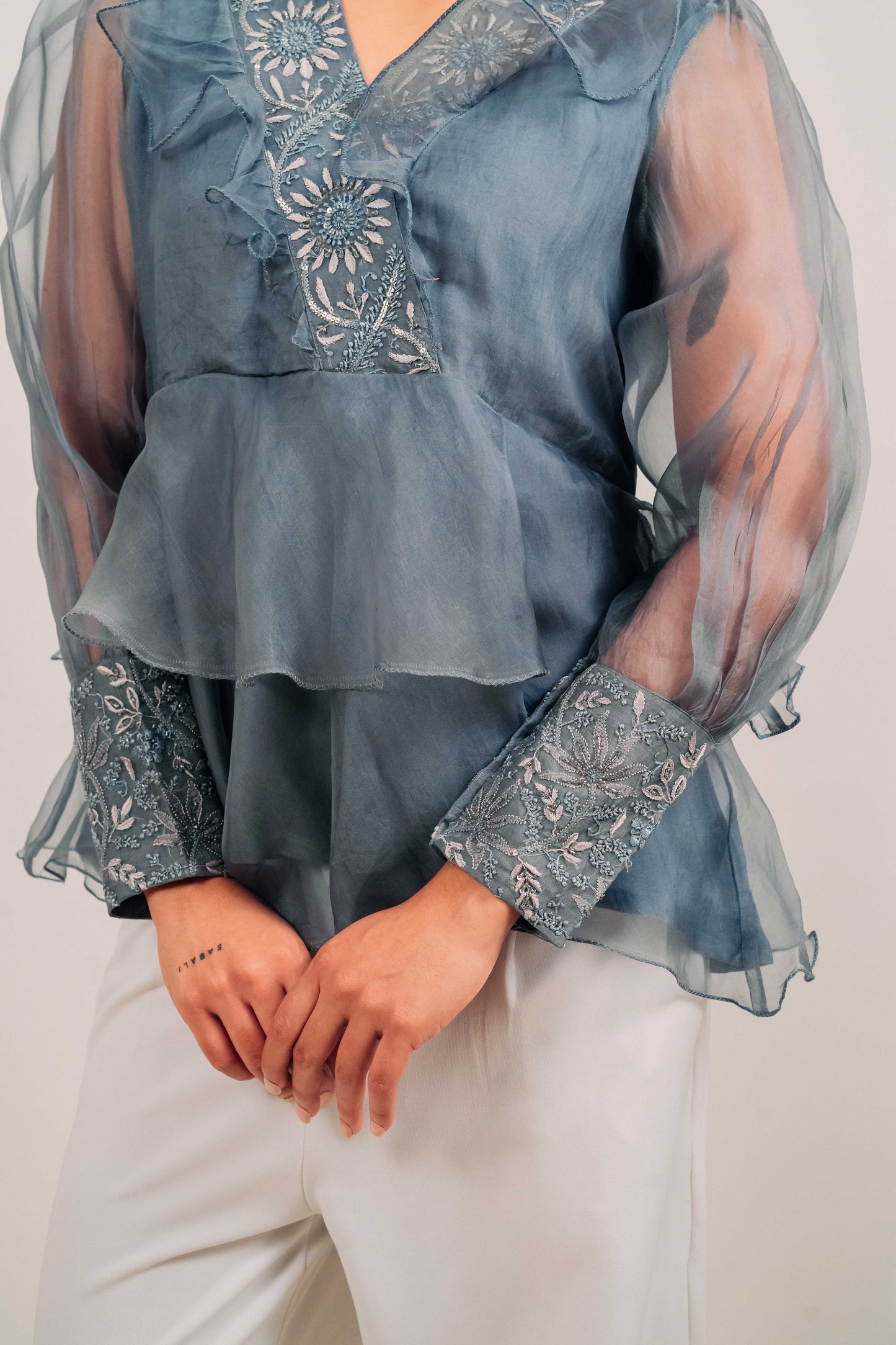 Slate Grey Organza Chikankari Peplum Top