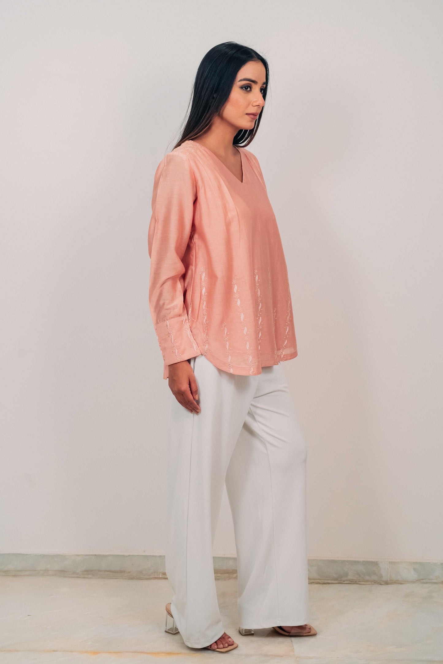 Peach Chanderi Silk U-Shaped Hem Top