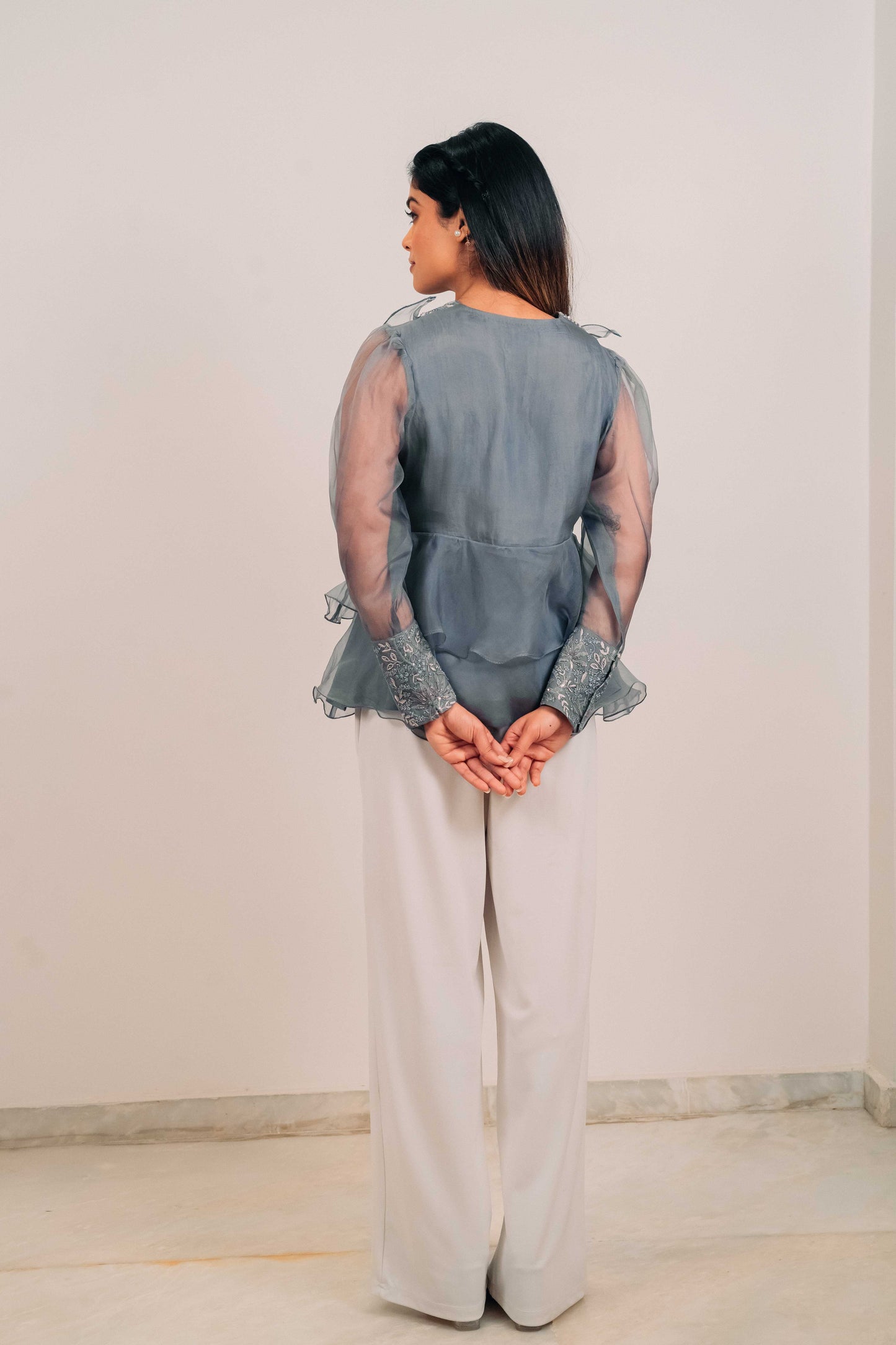 Slate Grey Organza Chikankari Peplum Top