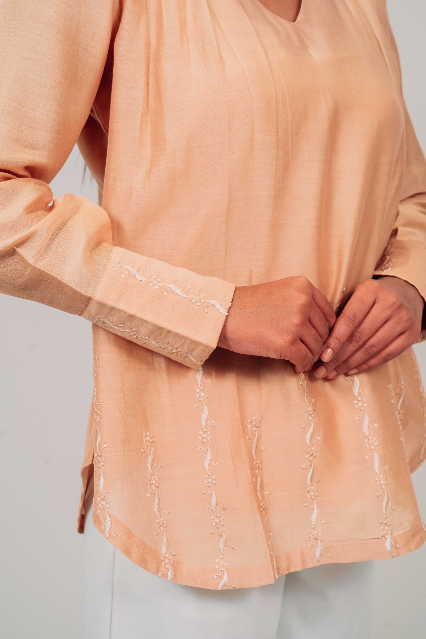 Light Brown Chanderi Silk U-Shaped Hem Top