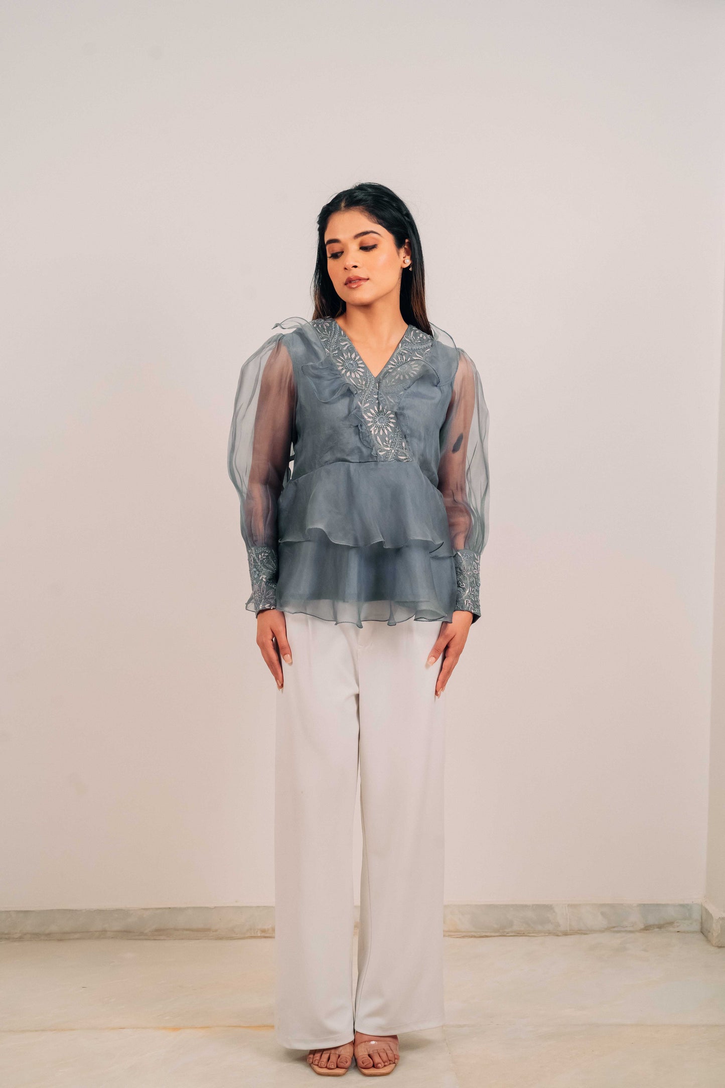 Slate Grey Organza Chikankari Peplum Top