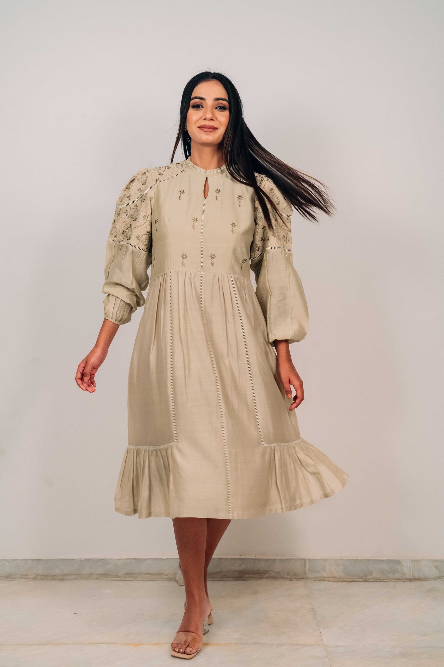 Light Olive Chanderi Jaali Dress