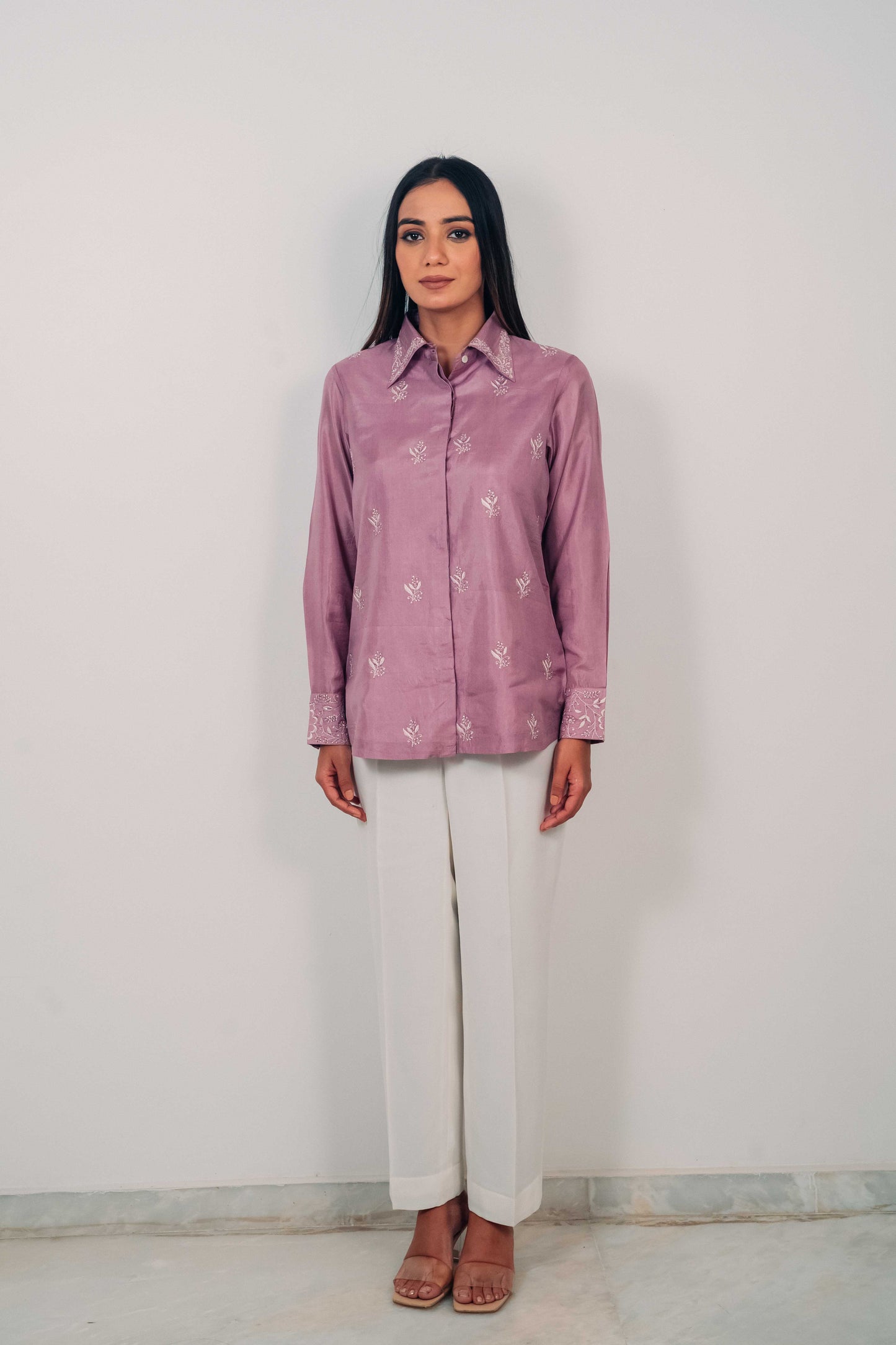 Lilac Pure Silk Highlighted Chikankari Shirt