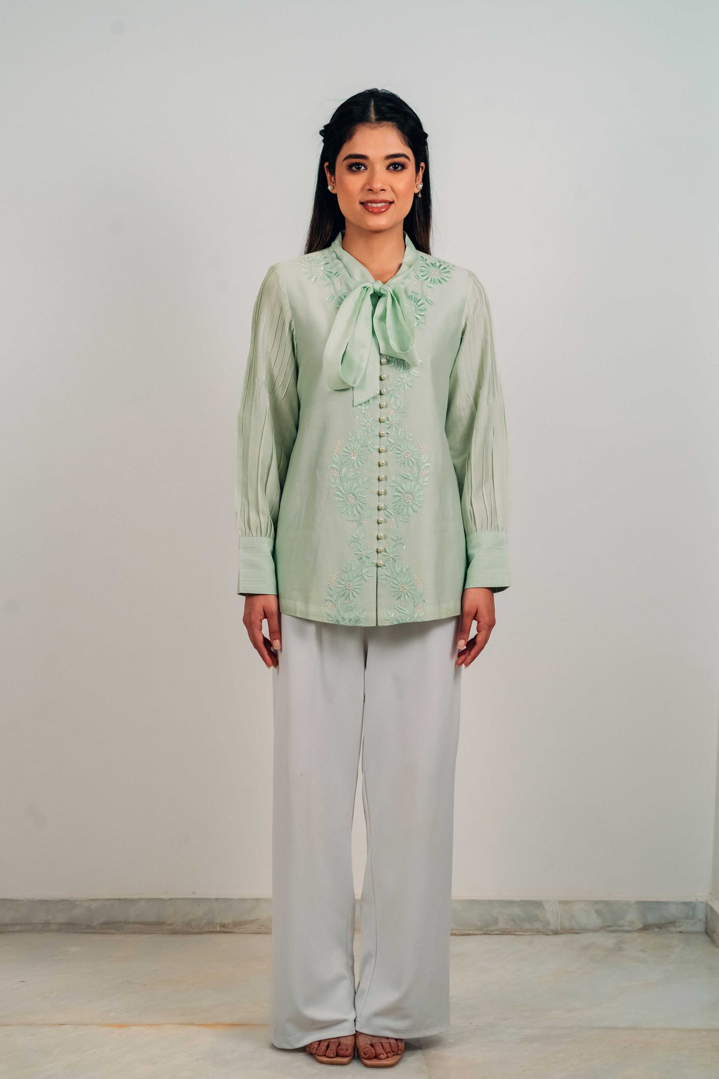 Pistachio Green Chanderi Silk Pearl Button Shirt