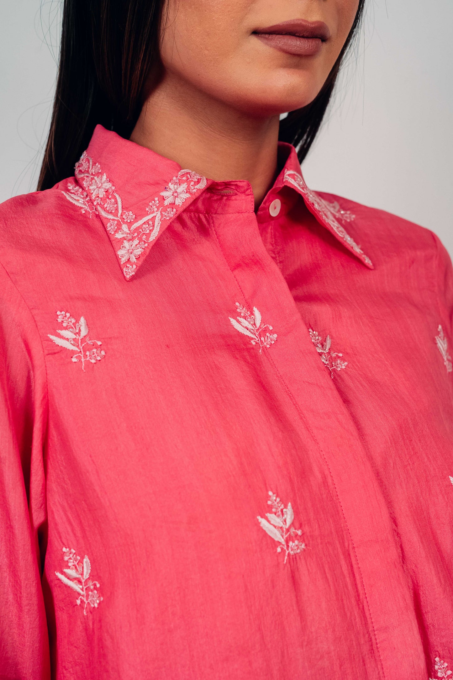 Fuchsia Pink Pure Silk Highlighted Chikankari Shirt