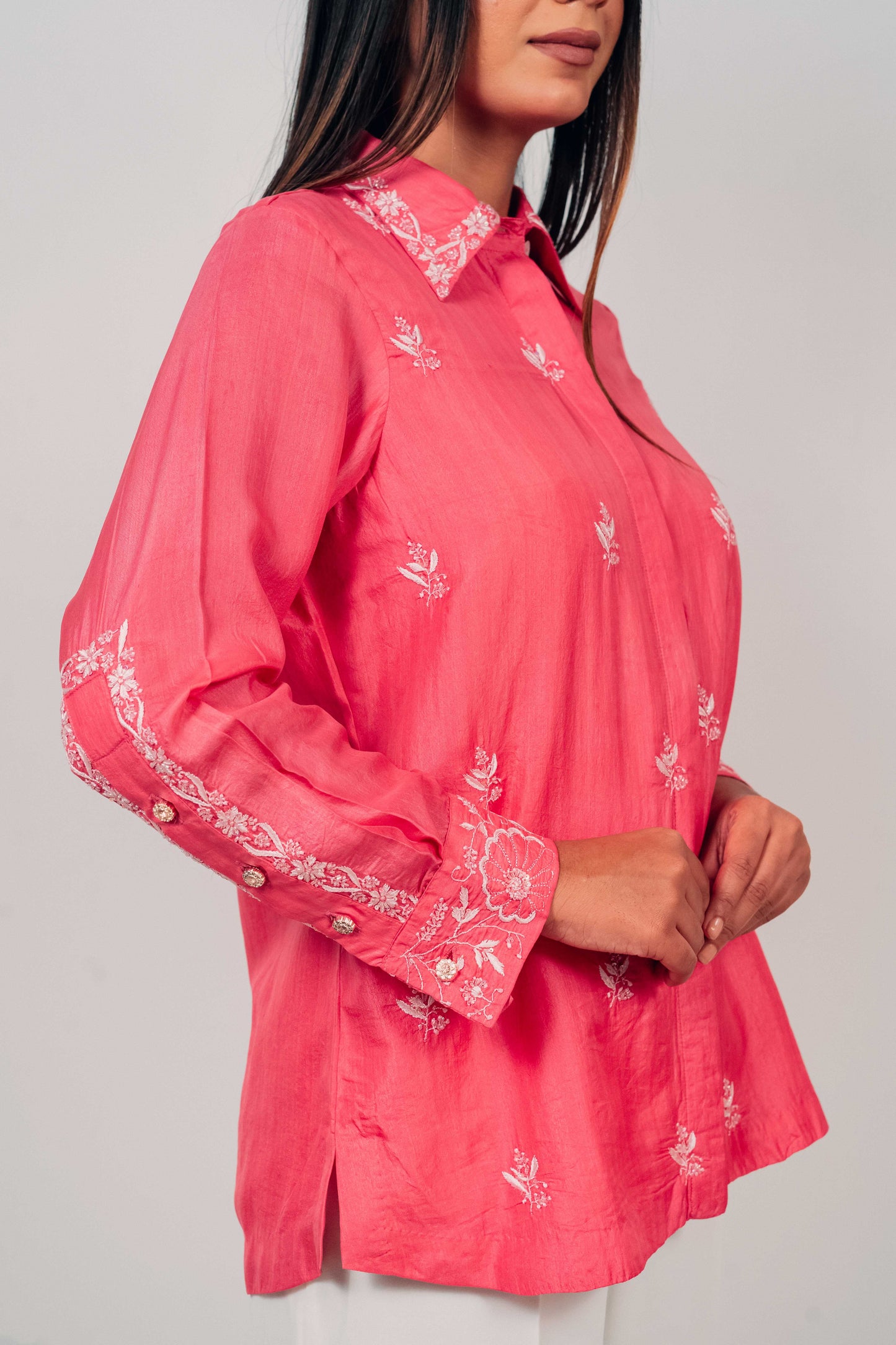 Fuchsia Pink Pure Silk Highlighted Chikankari Shirt