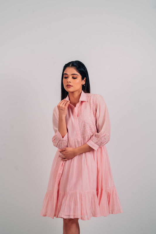 Baby Pink Mul Chanderi Short Tier Dress