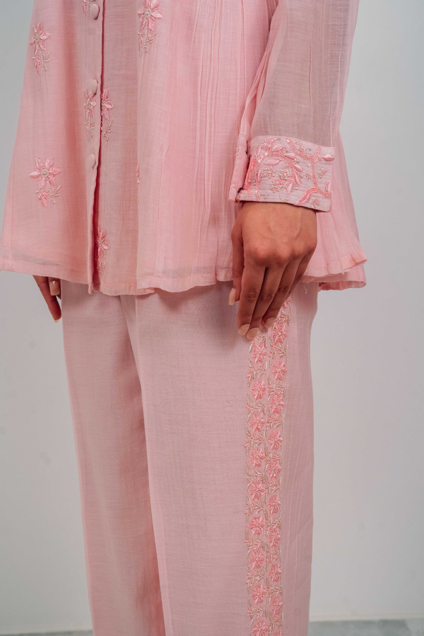 Baby Pink Mul Chanderi Gather Detail Co-Ord Set