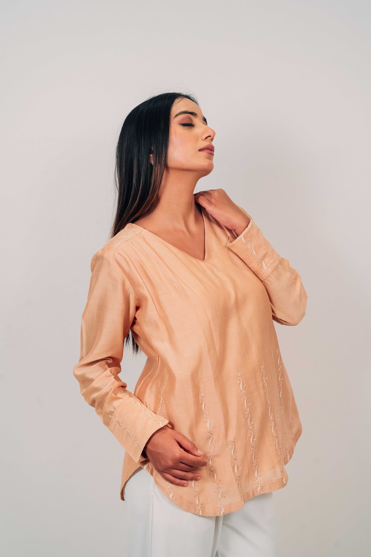 Light Brown Chanderi Silk U-Shaped Hem Top