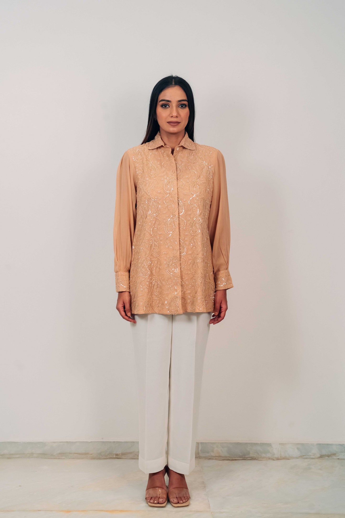 Light Brown Pure Georgette Highlighted Chikankari Shirt