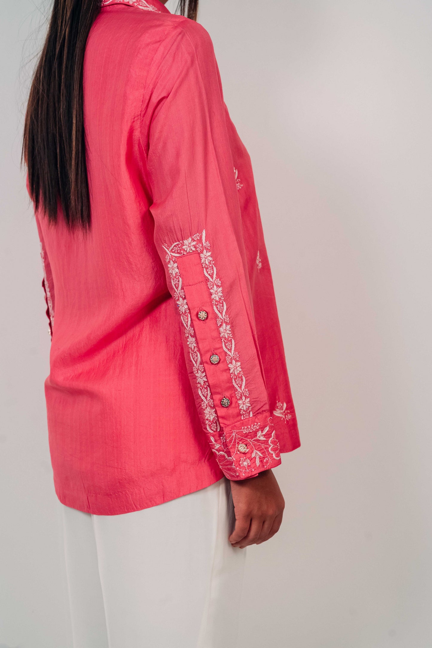 Fuchsia Pink Pure Silk Highlighted Chikankari Shirt