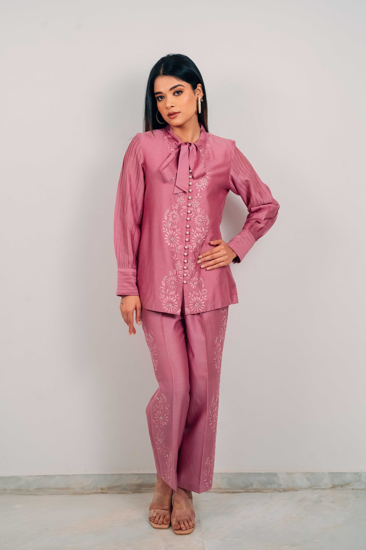 Purple Mauve Chanderi Silk Pearl Button Co-Ord Set