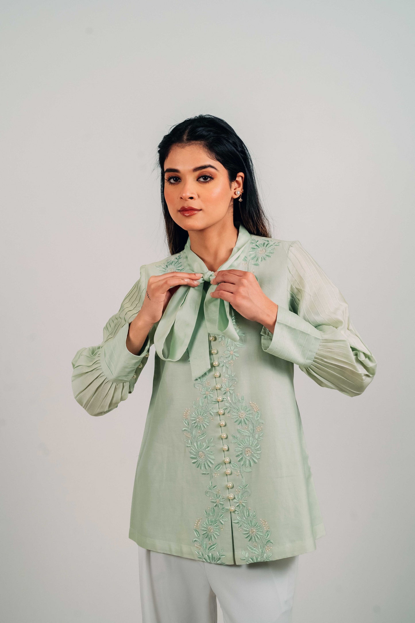 Pistachio Green Chanderi Silk Pearl Button Shirt