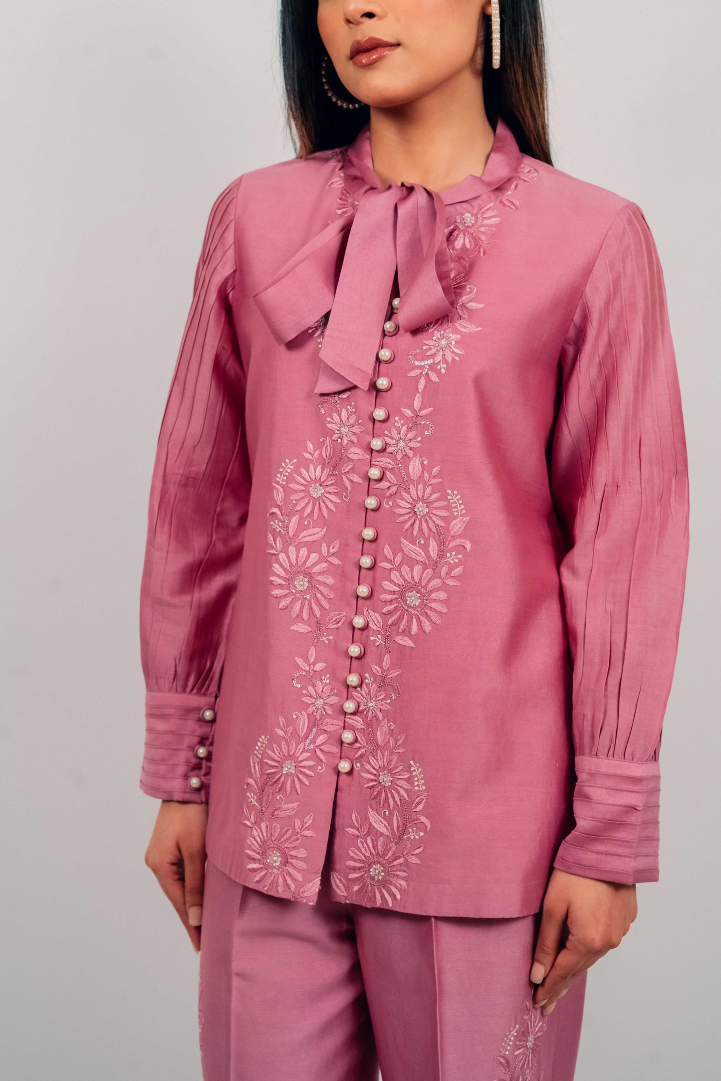 Purple Mauve Chanderi Silk Pearl Button Shirt