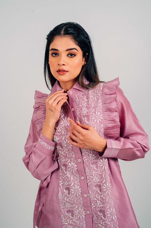 Lilac Chanderi Silk Tie-Up Shirt