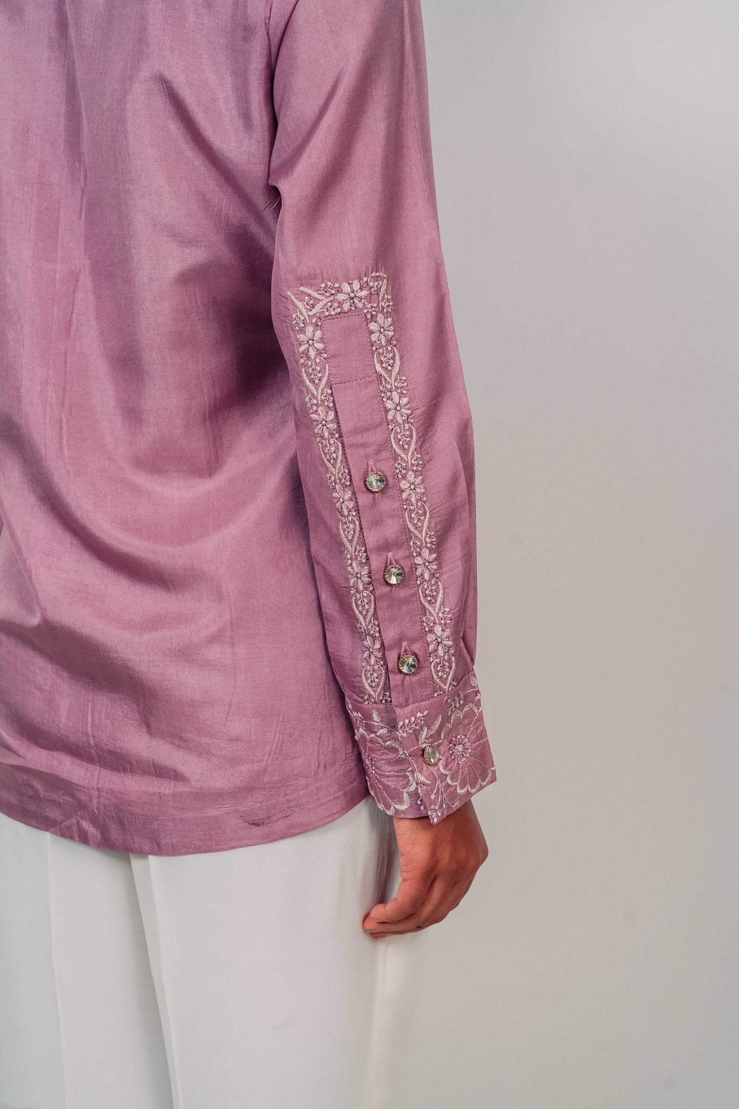 Lilac Pure Silk Highlighted Chikankari Shirt