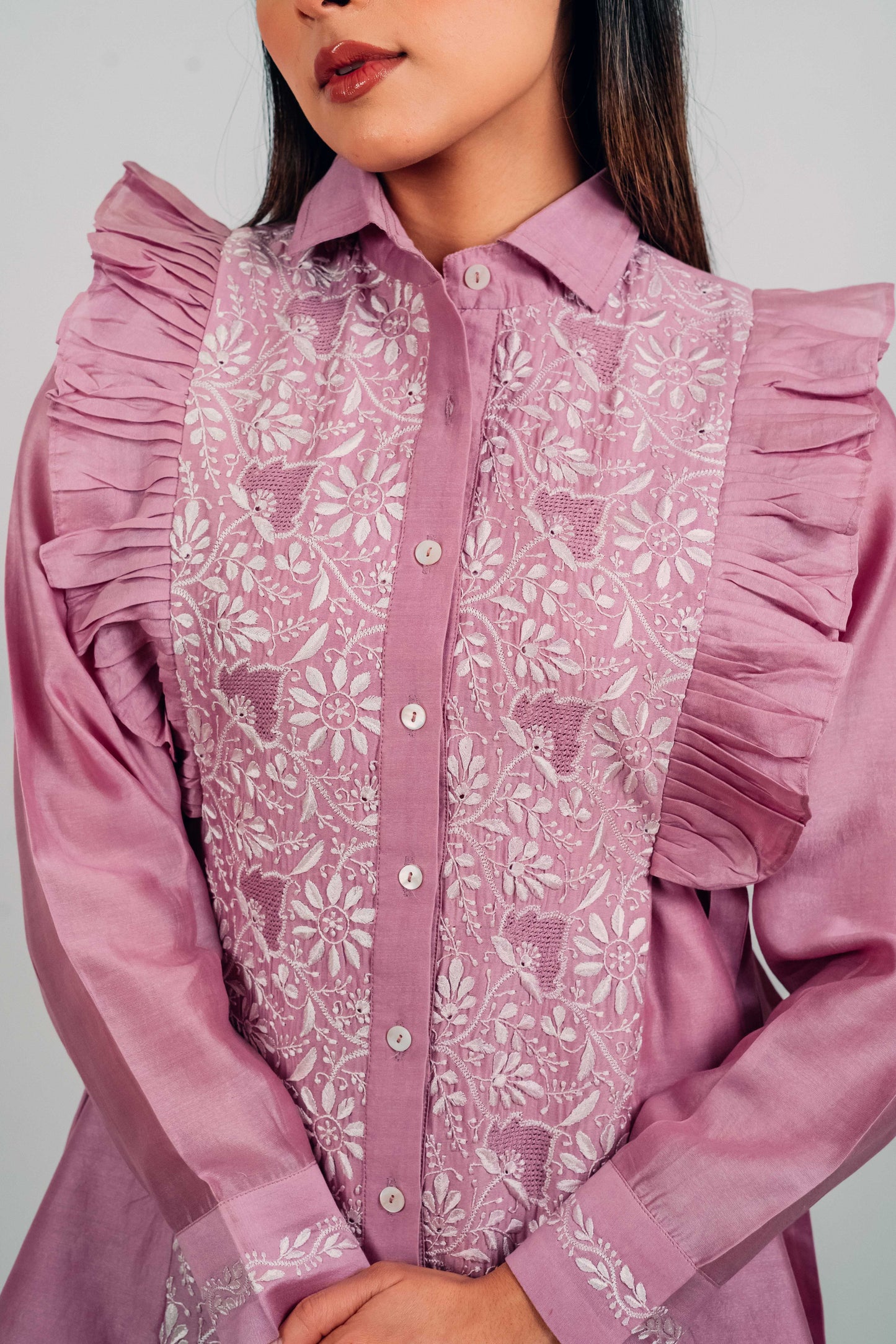 Lilac Chanderi Silk Tie-Up Shirt