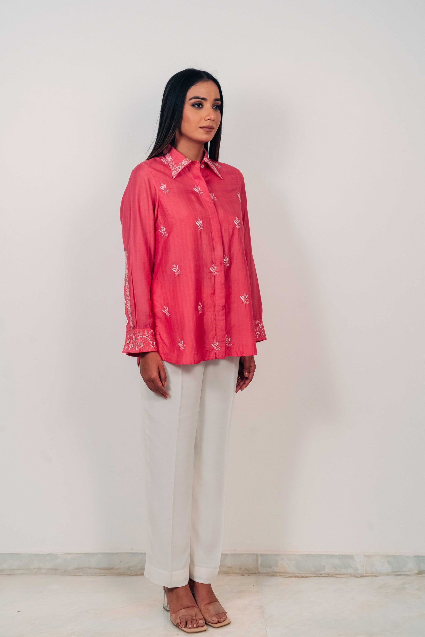 Fuchsia Pink Pure Silk Highlighted Chikankari Shirt