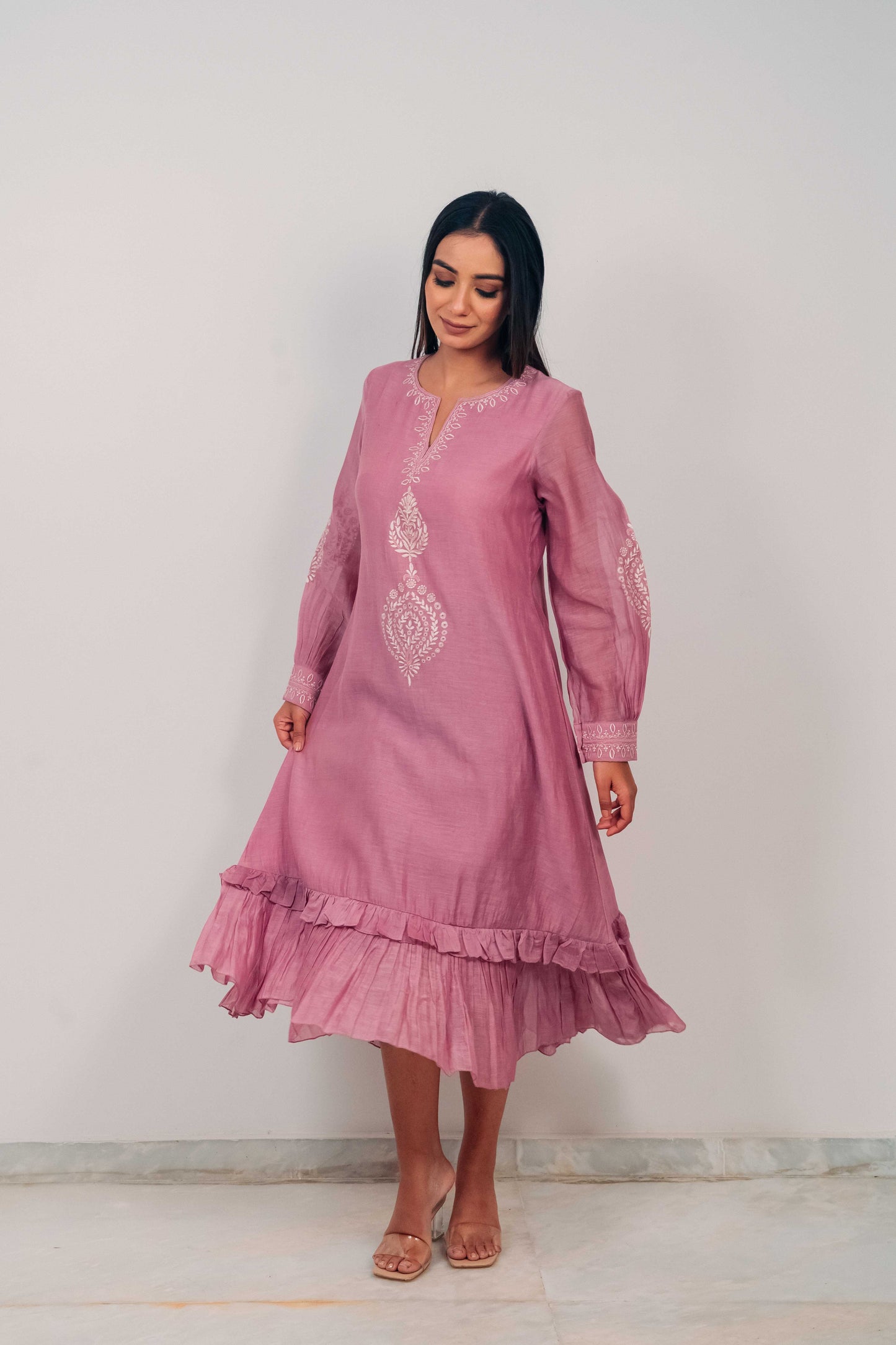 Mauve Purple Mul Chanderi Double Frill Long Dress