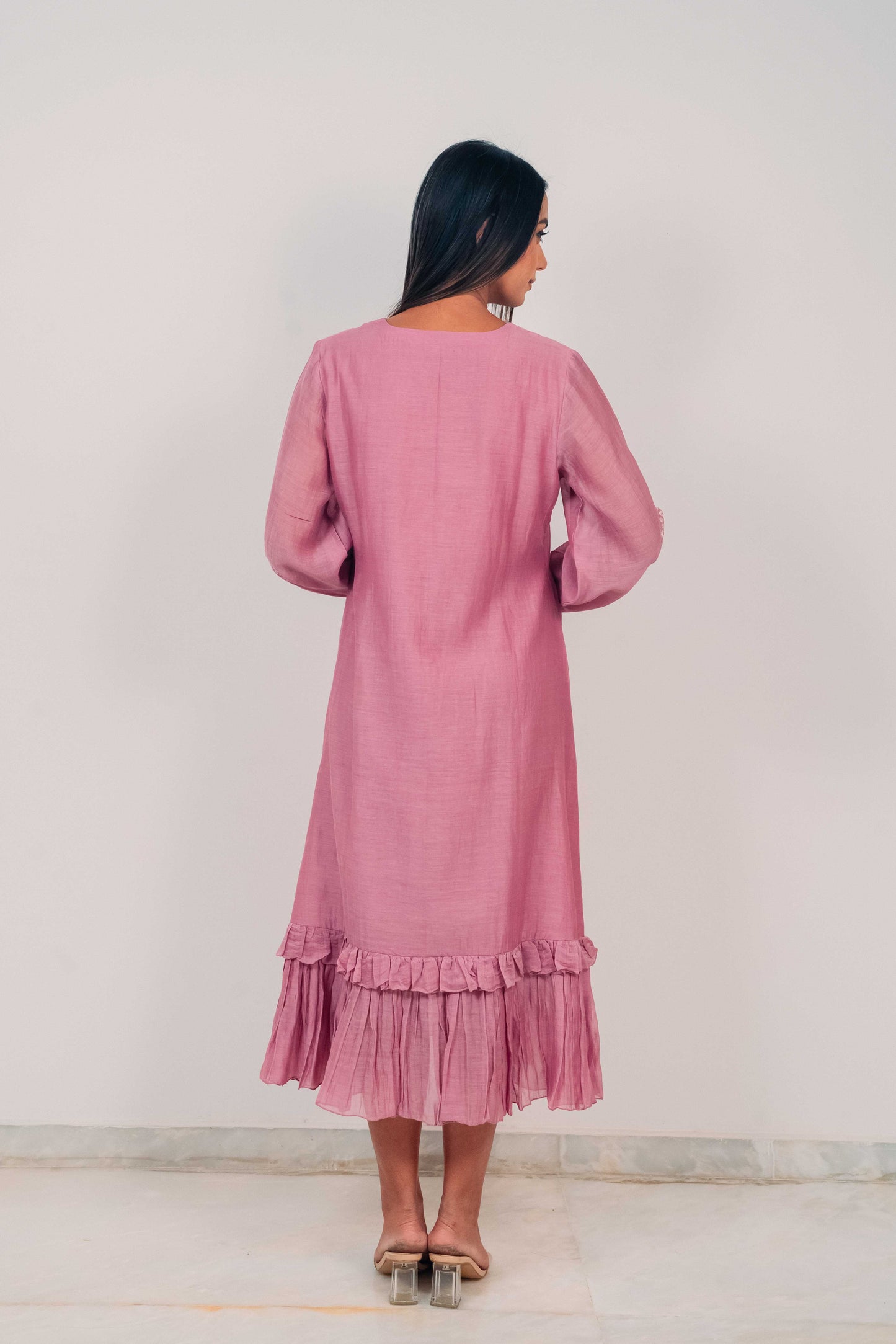 Mauve Purple Mul Chanderi Double Frill Long Dress