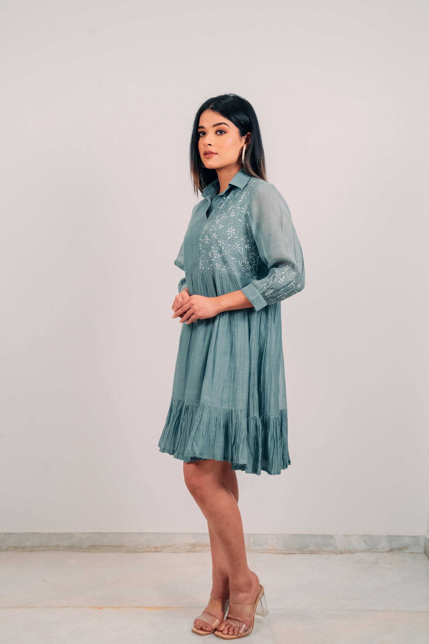 Teal Mul Chanderi Short Tier Dress