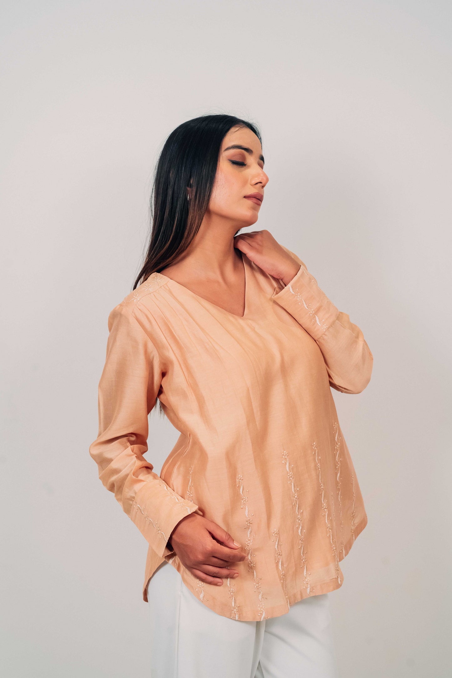 Light Brown Chanderi Silk U-Shaped Hem Top