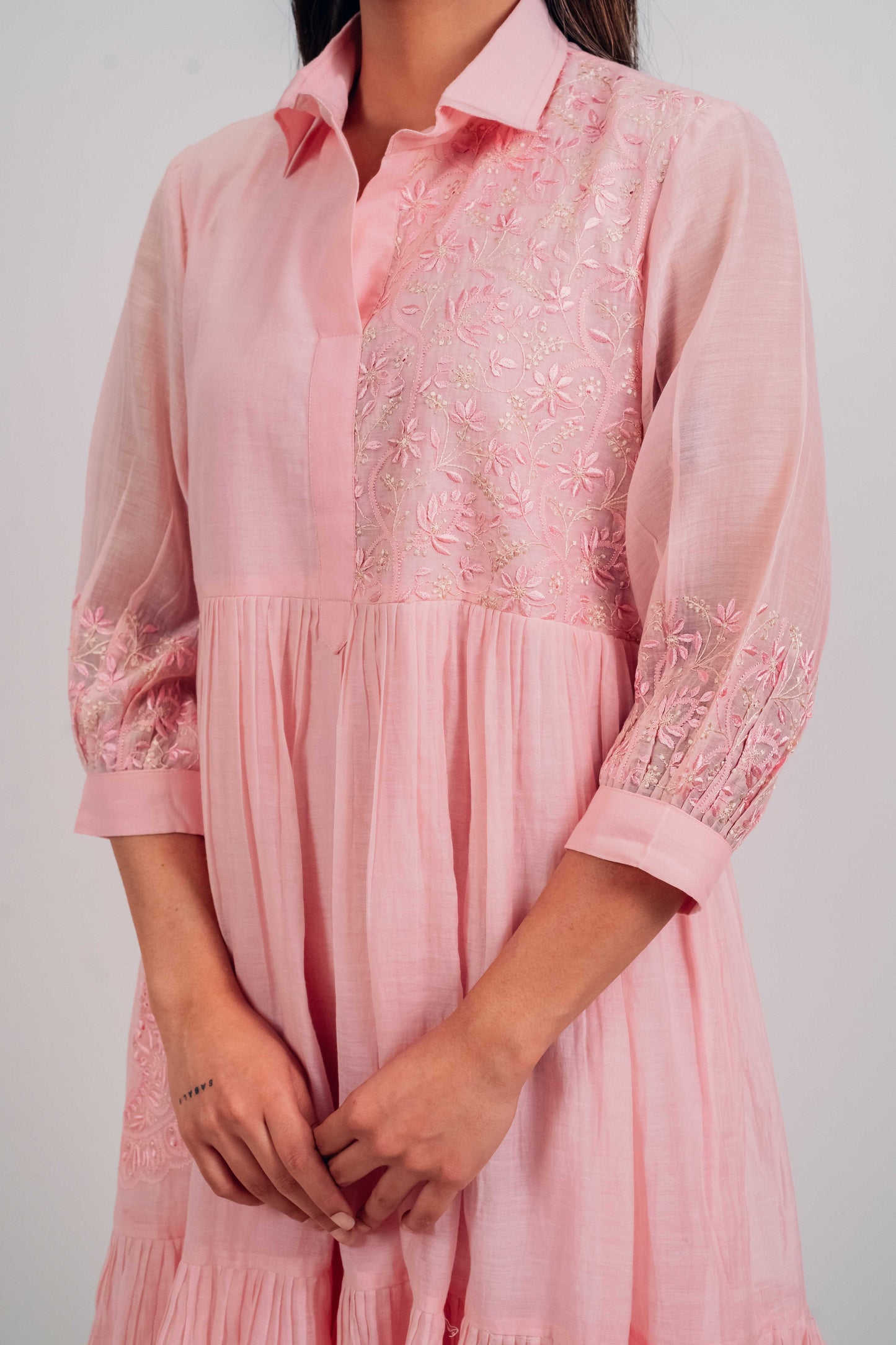 Baby Pink Mul Chanderi Short Tier Dress