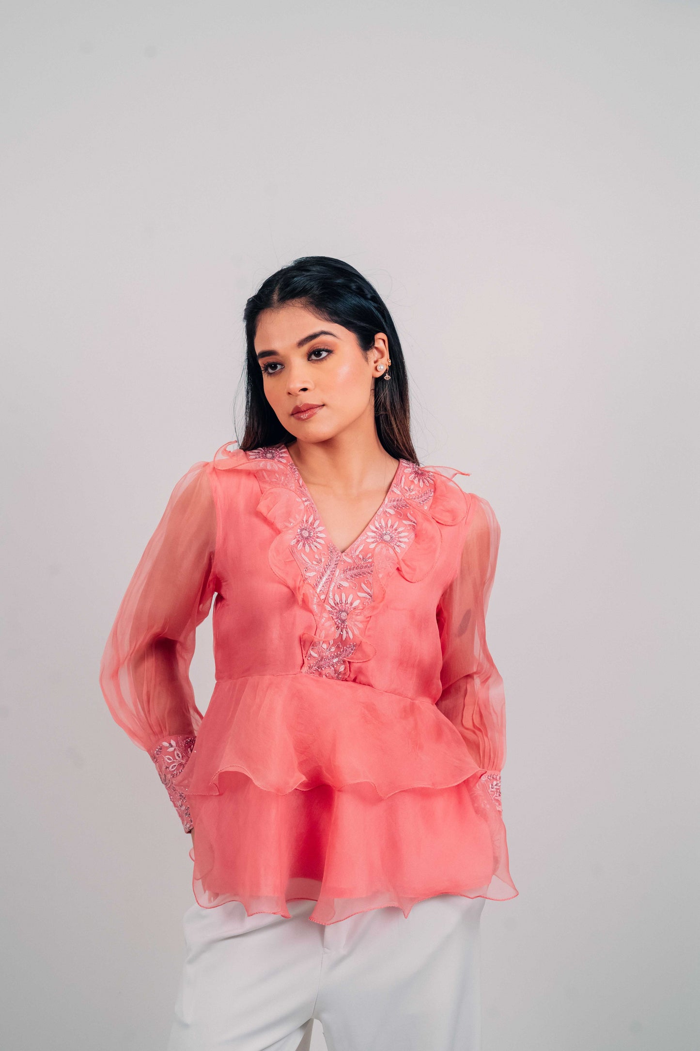 Onion Pink Organza Chikankari Peplum Top