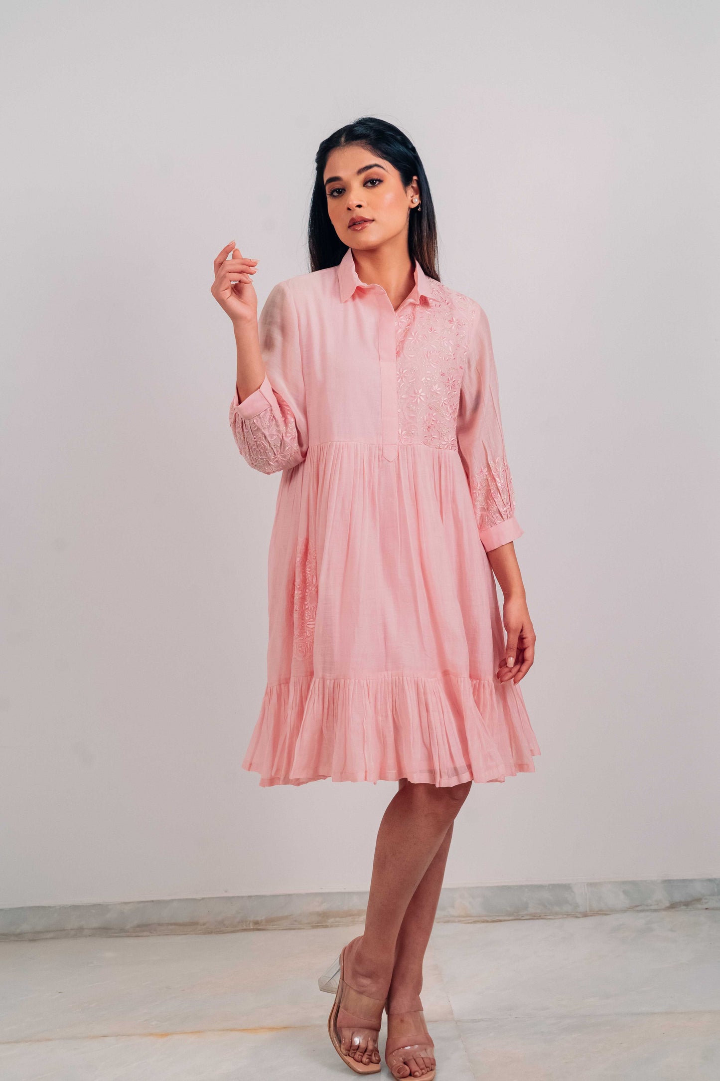 Baby Pink Mul Chanderi Short Tier Dress