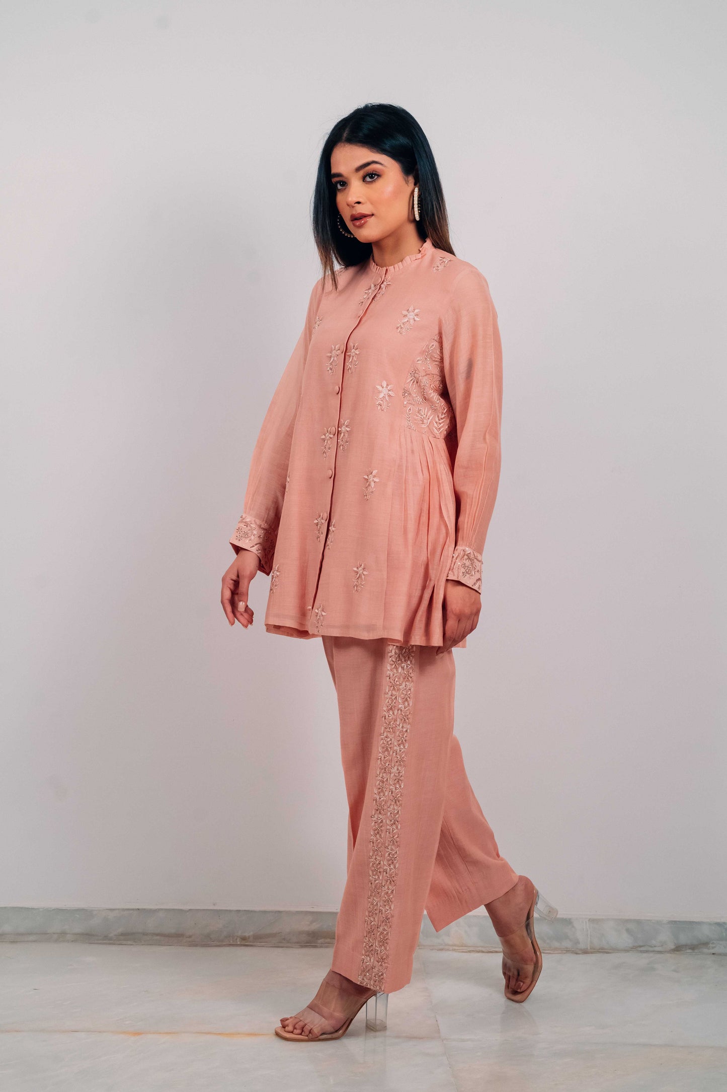 Peach Mul Chanderi Gather Detail Co-Ord Set